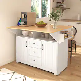 ELEMENT ACE - Multifunctional Kitchen Island Cart with Drop Leaf Extensions, Power Outlets, and Ample Storage for Modern Kitchens - White