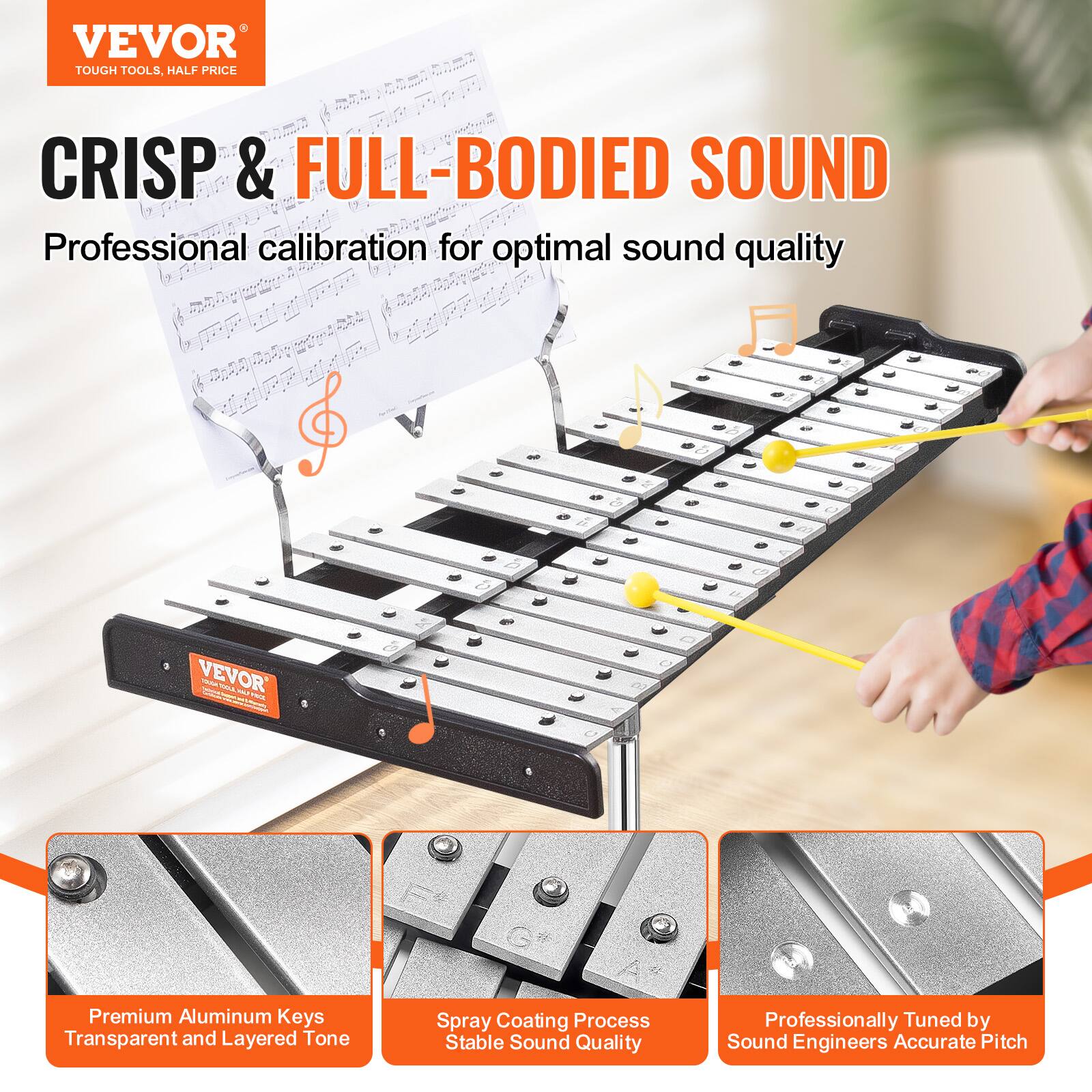 VEVOR  
TOUGH TOOLS, HALF PRICE  

CRISP & FULL-BODIED SOUND  
Professional calibration for optimal sound quality  

- Premium Aluminum Keys  
  Transparent and Layered Tone  

- Spray Coating Process  
  Stable Sound Quality  

- Professionally Tuned by Sound Engineers  
  Accurate Pitch