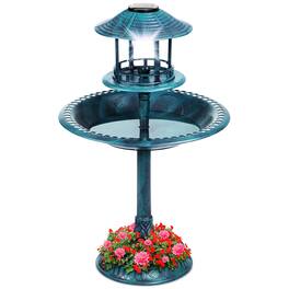 Best Choice Products - Solar Outdoor Bird Bath Pedestal Fountain Garden Decoration w/ Fillable Planter Base - Peacock Blue