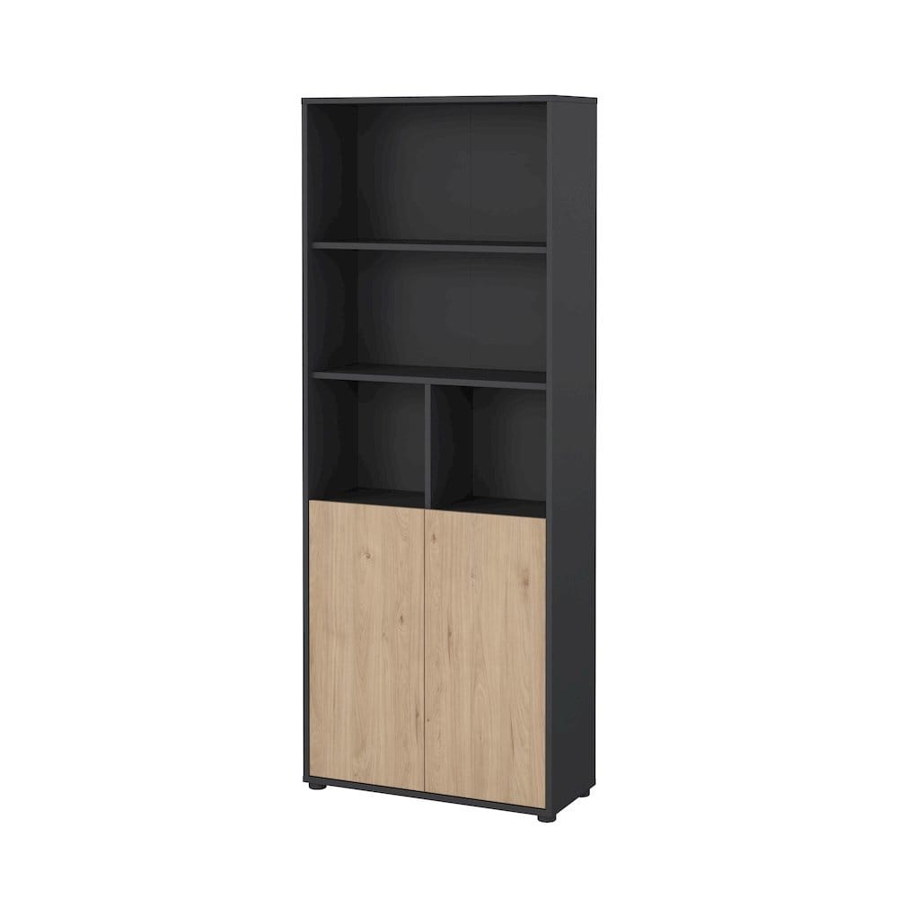 FurniFact - 6-Shelf Bookshelf with 2 Doors for Office, Bedroom, or Living Room - Gray