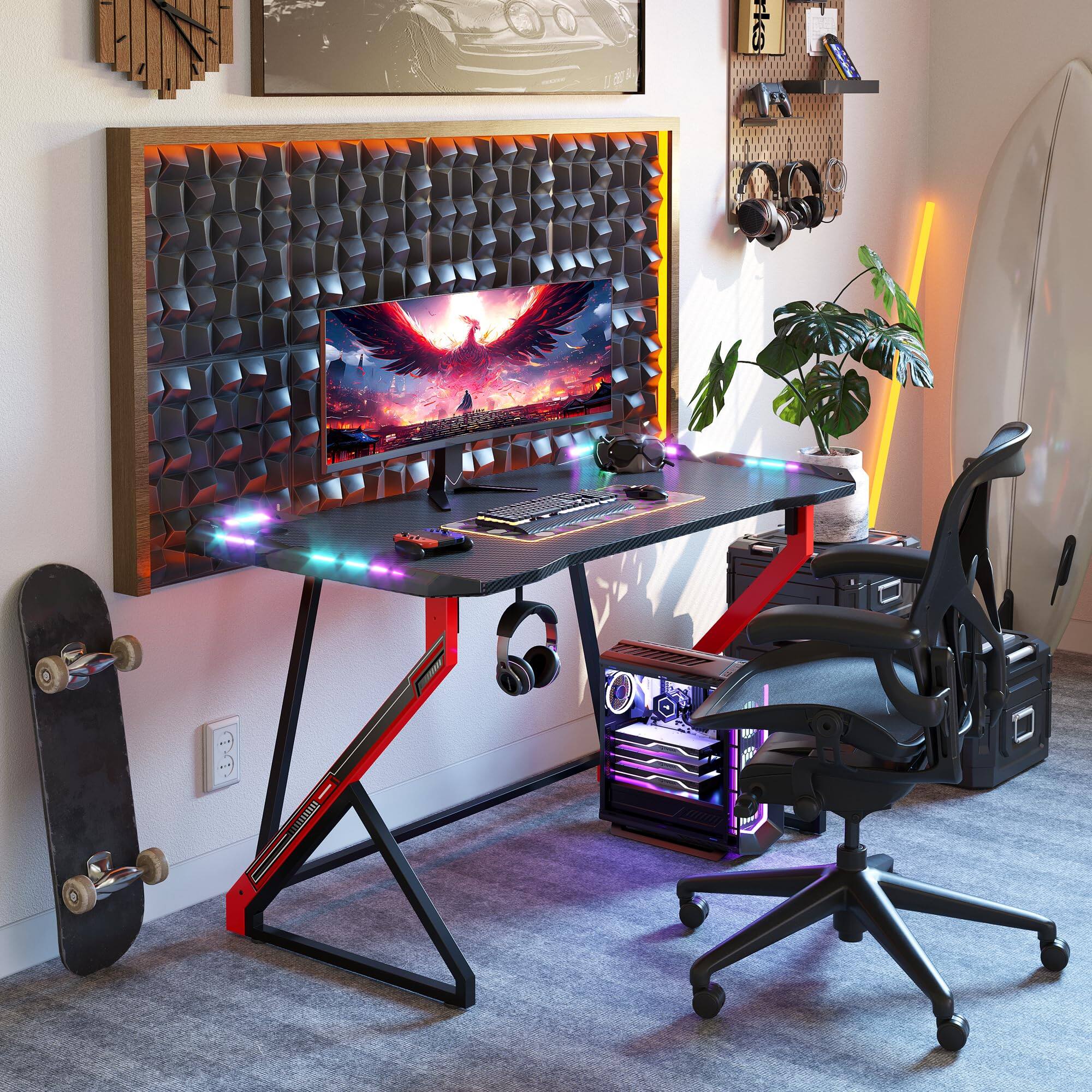 Back. Hirose Alice - Gaming Desk With Led Lights   Computer For Home Small Space Table Carbon Fiber Surface Pc Gamer Men Top-Grade - Black-40 Inch.