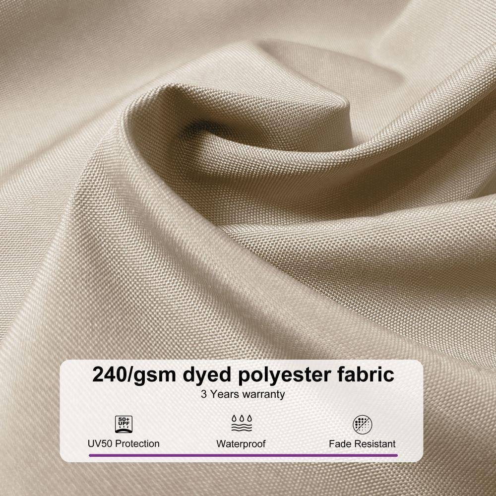 240/gsm dyed polyester fabric  
3 Years warranty  
UV50 Protection  
Waterproof  
Fade Resistant