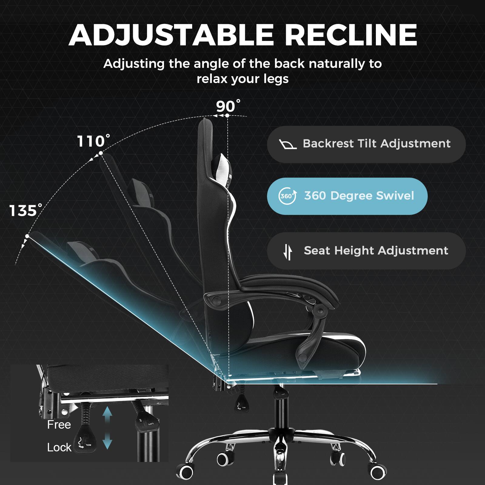 ADJUSTABLE RECLINE

Adjusting the angle of the back naturally to relax your legs

- 135°
- 110°
- 90°

Backrest Tilt Adjustment

360 Degree Swivel

Seat Height Adjustment

Free Lock