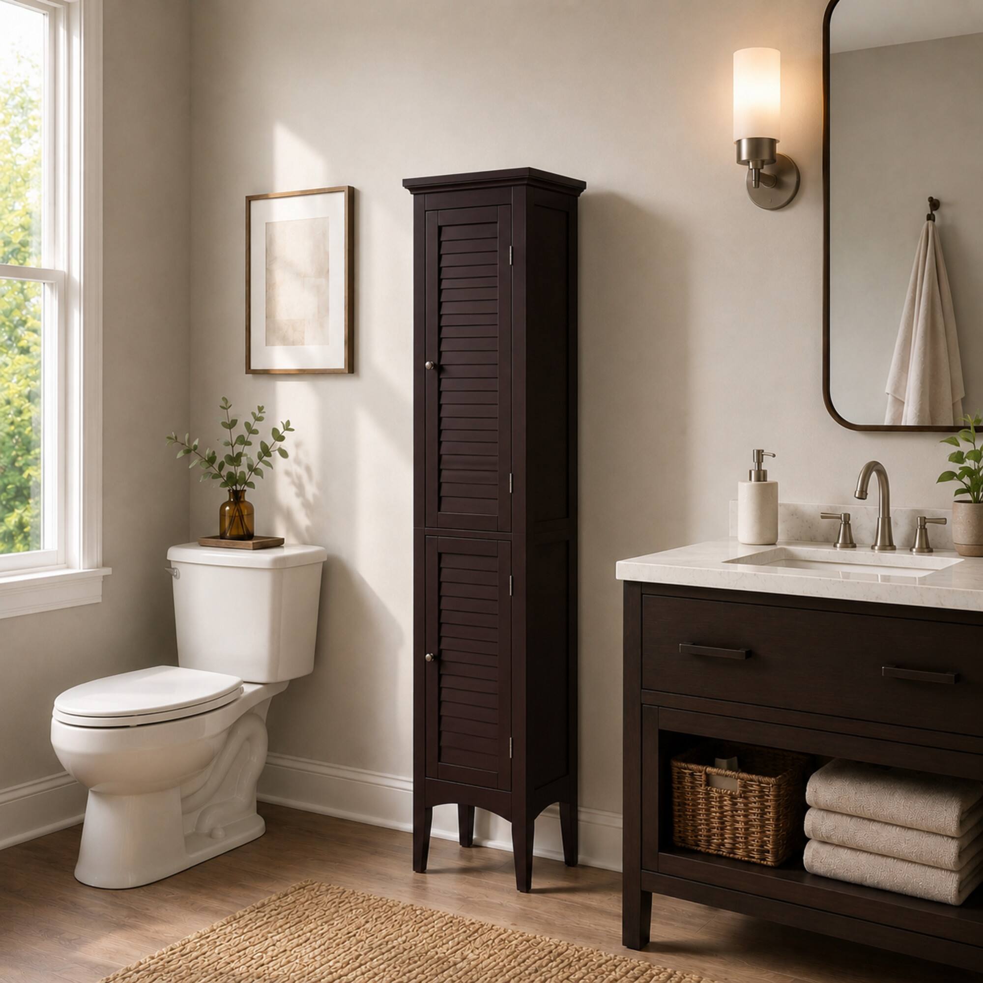 Alt View 3. Teamson Home - Teamson Home Glancy Freestanding Linen Tower with Louvered Doors, Dark Brown - Brown.