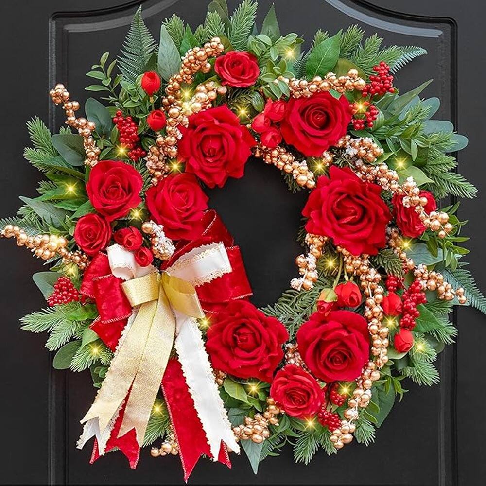 Front. Schertz - 24-Inch Pre-Lit Christmas Wreath for Front Door – Outdoor Holiday Wreath with LED Lights, Red Roses, Gold Ornaments, and - red.