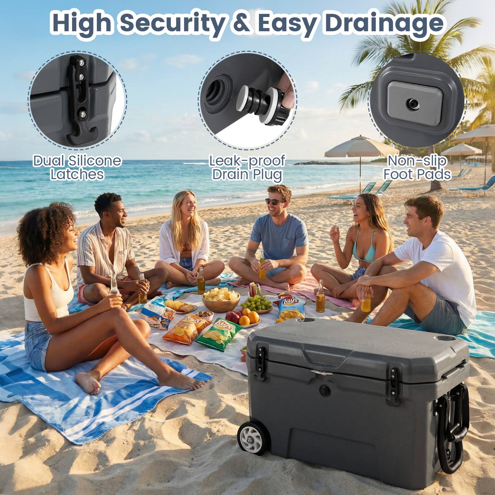 High Security & Easy Drainage

- Dual Silicone Latches
- Leak-proof Drain Plug
- Non-slip Foot Pads