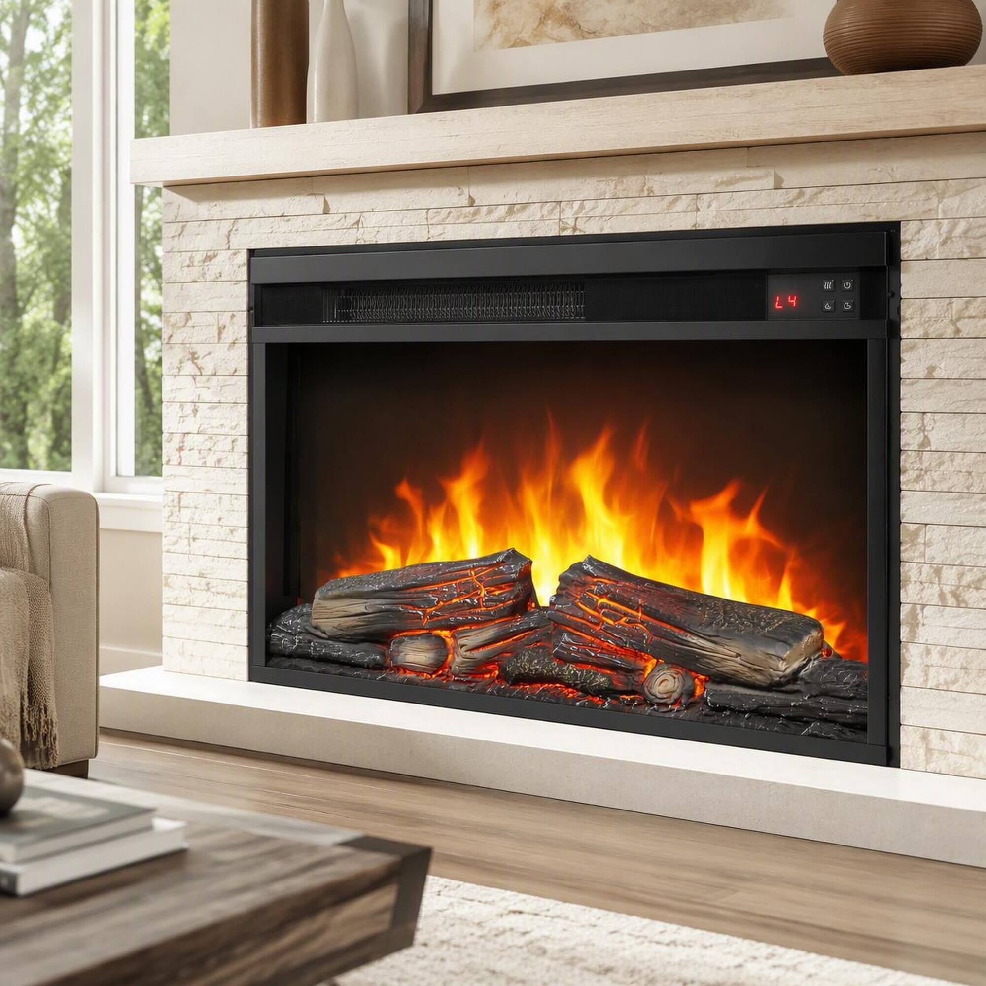 Front. RYHNUYNE - 26 Inch Ultra Thin Electric Fireplace Insert Heater, Log Set Realistic Flame Remote Timer Overheat Protection - Antique Black.