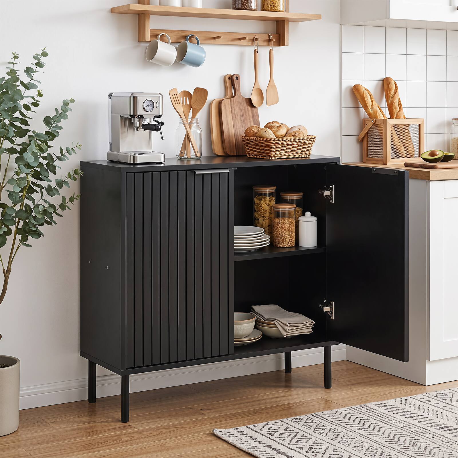 Alt View 3. Costway - Costway Fluted Buffet Cabinet 2-Door Sideboard with Storage Adjustable Feet Elevated Base - Black.