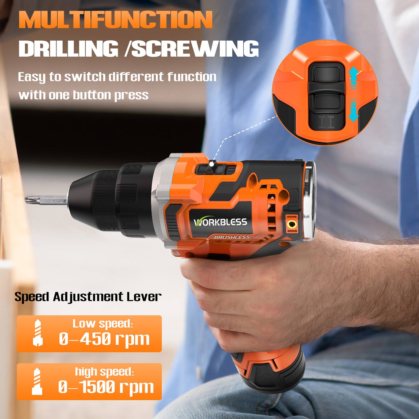 MULTIFUNCTION DRILLING / SCREWING  
Easy to switch different function with one button press  

WORKLESS BRUSHLESS  

Speed Adjustment Lever  
Low speed: 0–450 rpm  
High speed: 0–1500 rpm