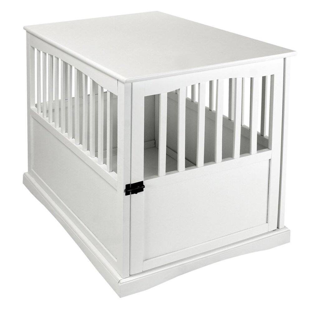 Alt View 1. FurniFact - White Dog Kennel Furniture with Gate, Solid Wood Dog Crate End Table - White.