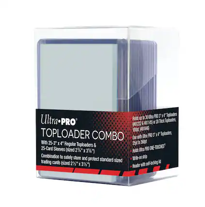Ultra PRO Toploader Combo:
* 25-3" x 4" Regular Toploaders
* 25-Card Sleeves (sized 2 1/2" x 3 1/2")
This combo is designed to safely store and protect standard sized trading cards (sized 2 1/2" x 3 1/2") with a side-locking header. The Ultra PRO 3' x 4" Toploaders hold up to 30 cards, while the 25-Card Sleeves provide additional protection for your cards. This combo is perfect for collectors and traders who want to keep their cards in top condition.