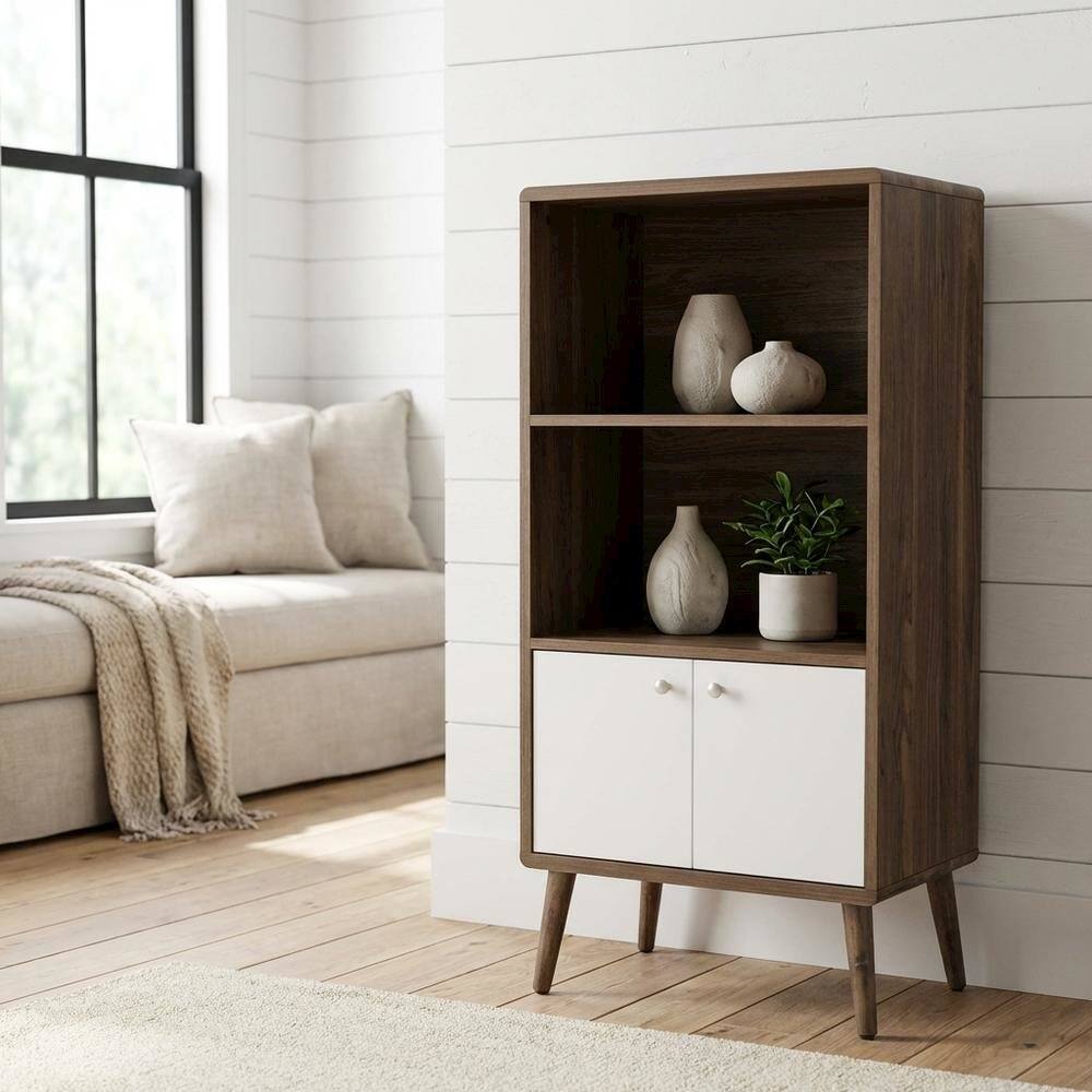 Left. FurniFact - Wood Display Cabinet Bookshelf with Shelving Storage for Living Room - Brown.
