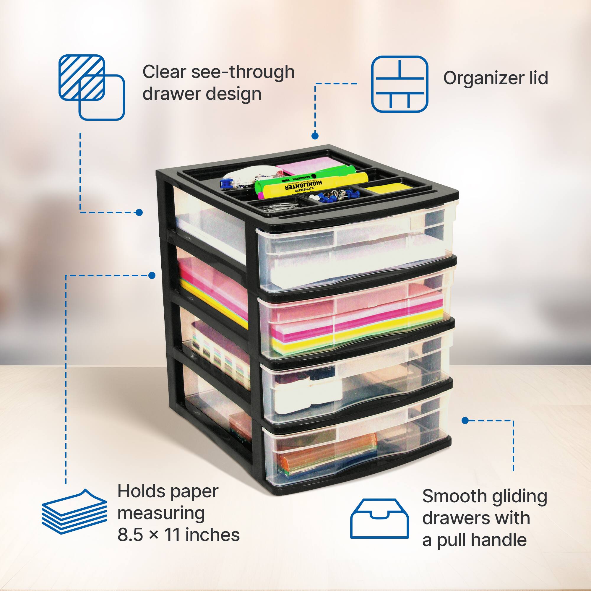 - Clear see-through drawer design
- Organizer lid
- Holds paper measuring 8.5 x 11 inches
- Smooth gliding drawers with a pull handle