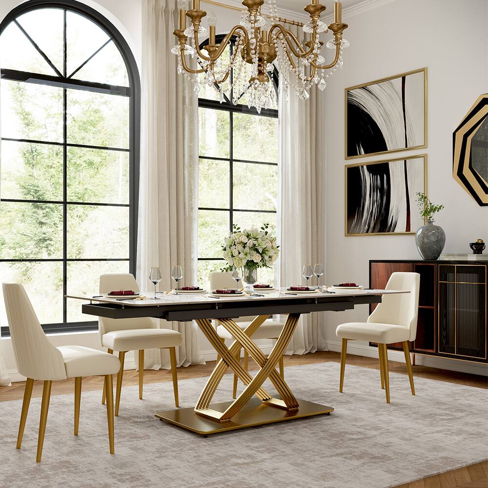 Alt View 8. POVISON - 55"-79" Modern Luxury Extendable Dining Table for 4-6, White Glossy Sintered Stone Top with Titanium Gold X-Base - White.
