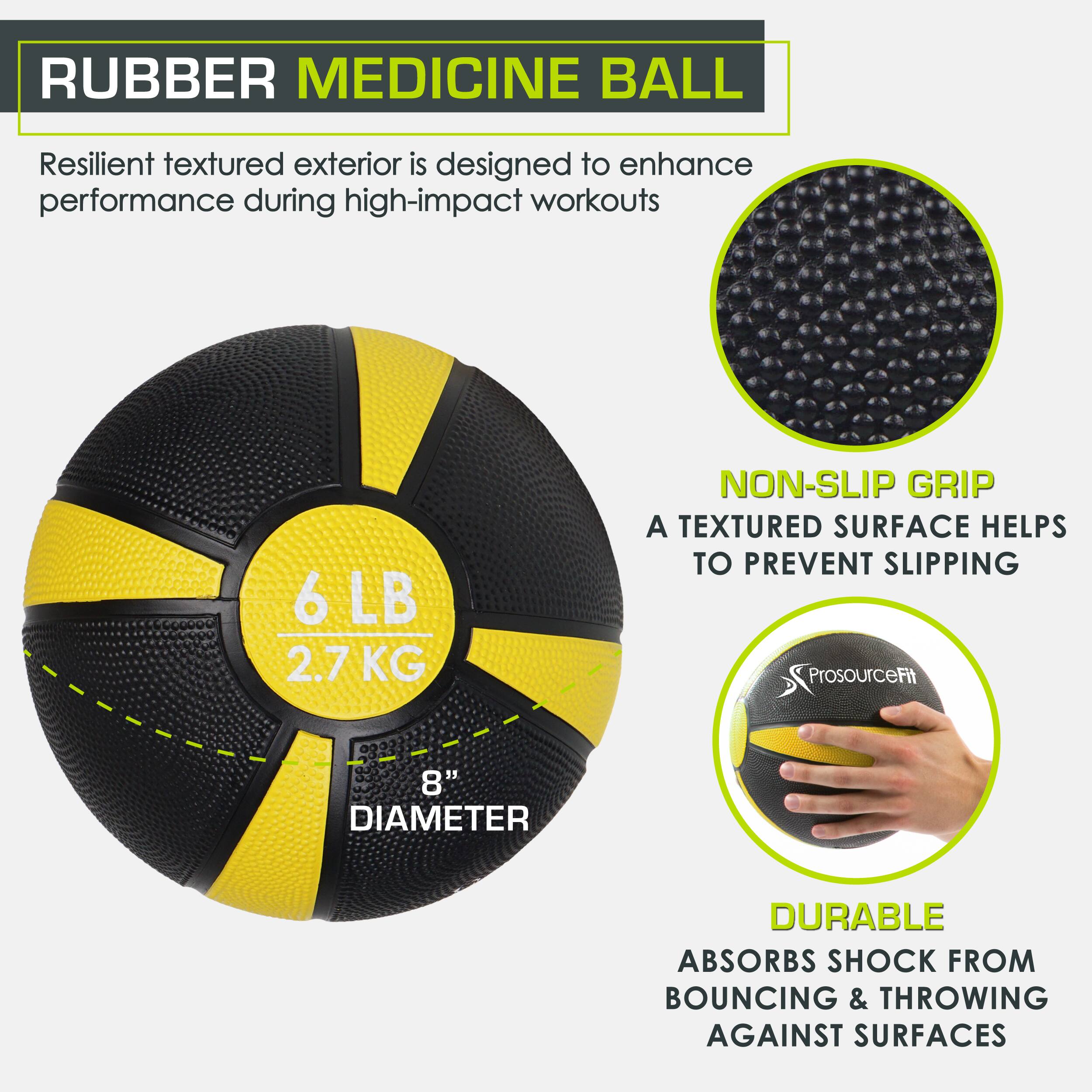 Rubber medicine ball, resilient textured exterior is designed to enhance performance during high-impact workouts, 6 LB 2.7 KG, non-slip grip, a textured surface helps to prevent slipping, durable, absorbs shock from bouncing & throwing against surfaces.