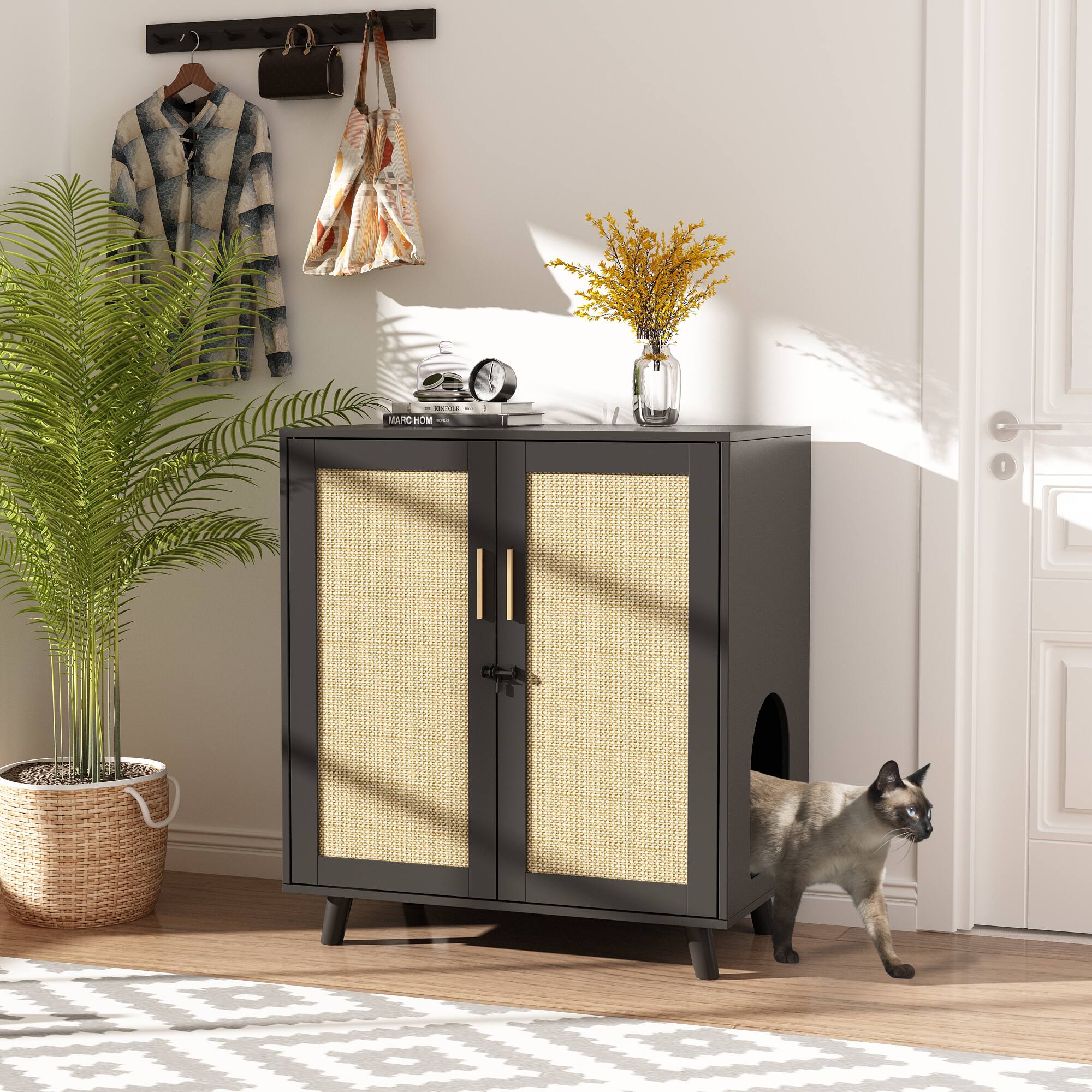 Back. FUFU & GAGA - Space-Saving Cat Furniture Cabinet – Multi-Level Cat House with Hidden Litter Box & Built-In Scratching Posts.