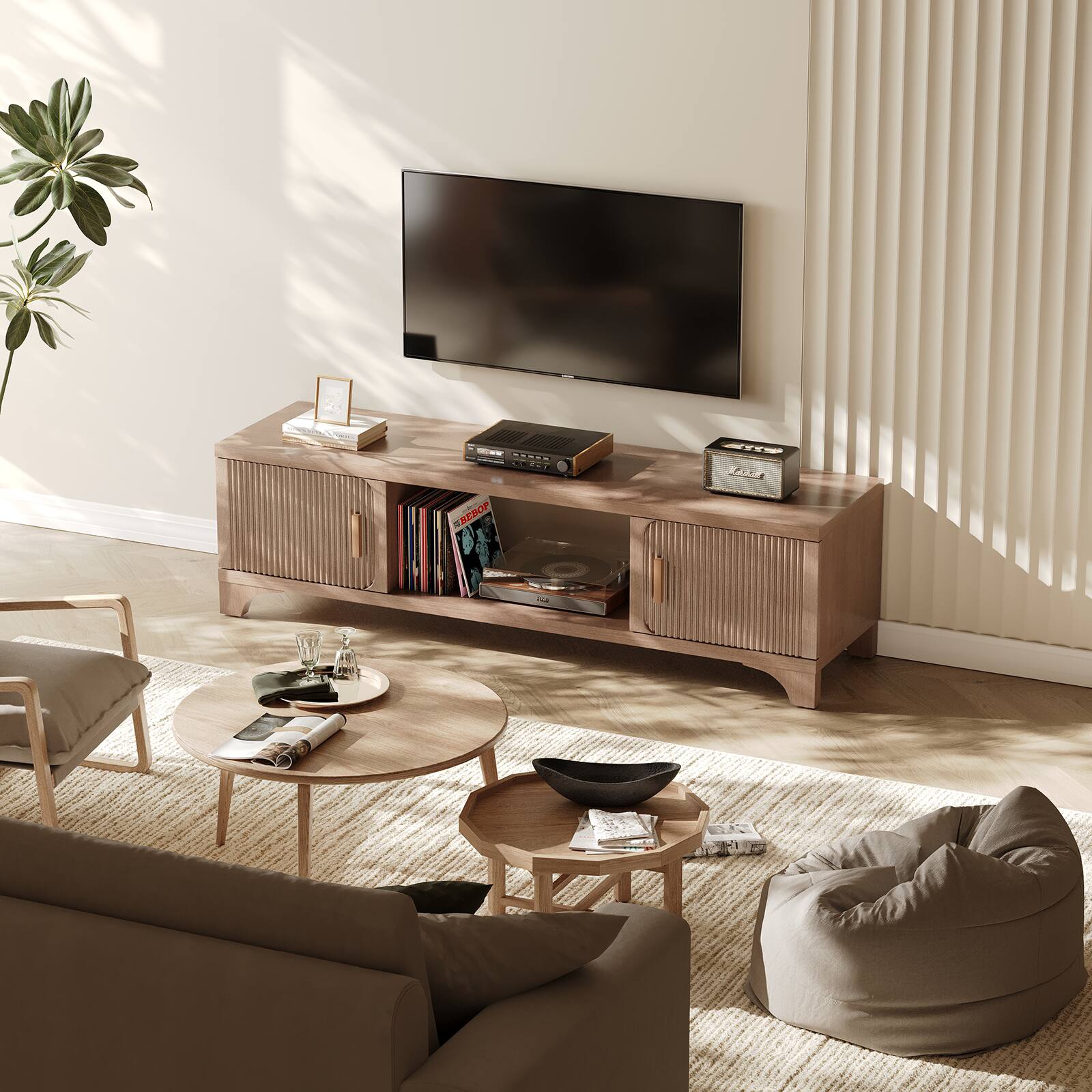 Alt View 4. Sugift - 58" Mid Century Modern TV Stand for TVs up to 80 Inches with Storage Media Console Cabinet - Natural.