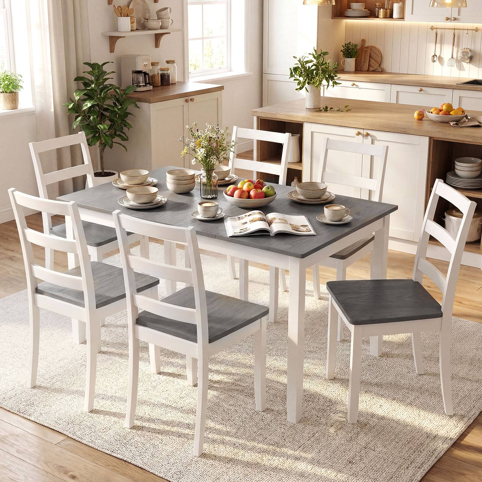 Alt View 3. Gymax - Gymax 7-Piece Dining Set Solid Wood Kitchen Furniture w/ Rectangular Table & 6 Chairs - Brown.