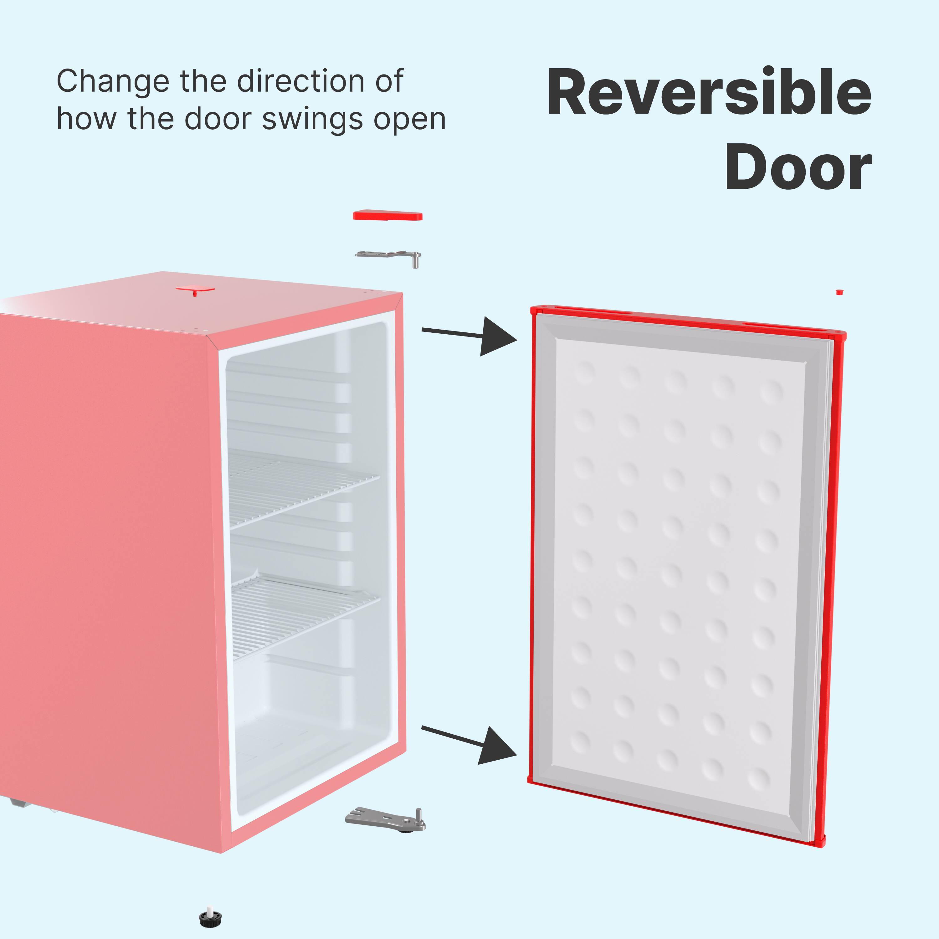 Change the direction of how the door swings open

Reversible Door