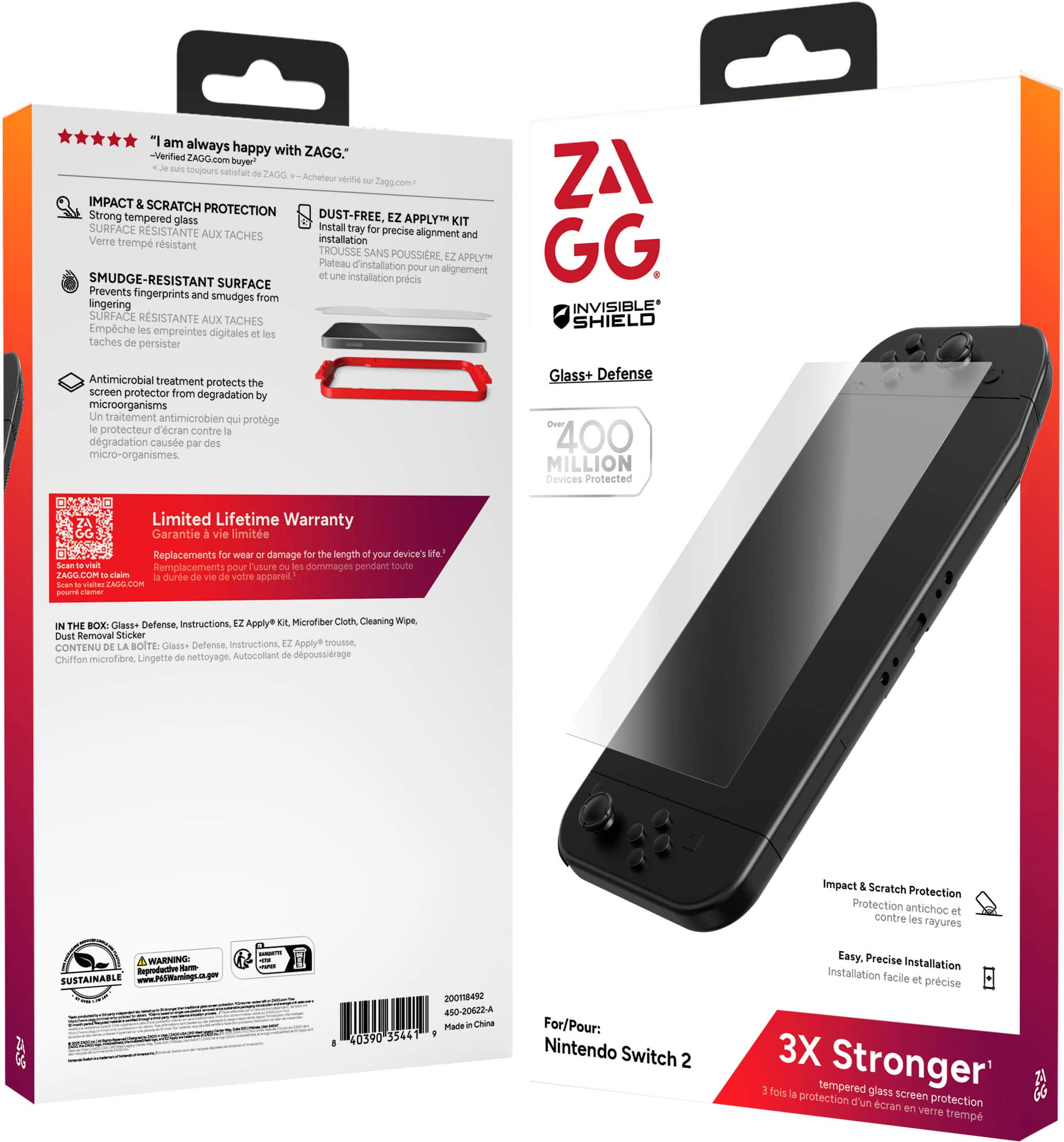 I am always happy with ZAGG. ZAGG.com provides Super Strong PROTECTION DUST-FREE tempered glass EZ APPLY KIT SURFACE RESISTANCE Install tray for precise alignment and smudge-resistant installation. The surface resistant glass prevents fingerprints and smudges from appearing. ZAGG INVISIBLE* SHIELD is treated with an antimicrobial solution that protects the screen protector from degradation caused by microorganisms. The Glass+ Defense has protected over 400 million devices with a limited lifetime warranty. Replacements are available for any damage to your device during the length of the warranty.