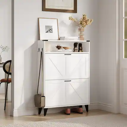 Front. Babevy - Freestanding Shoe Cabinet, 2 Flip Drawers Front Door Shoe Rack with Adjustable Shelf & Metal Legs - White.