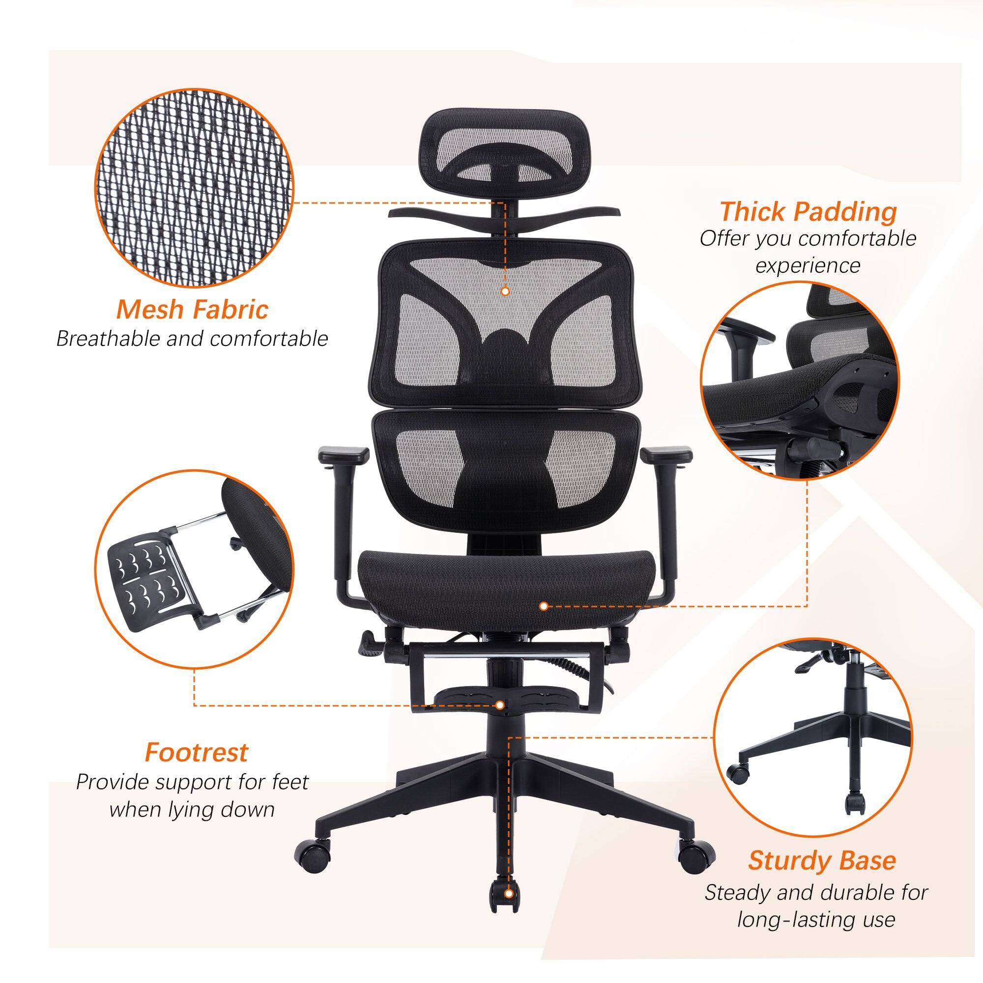 - Mesh Fabric  
  Breathable and comfortable

- Thick Padding  
  Offer you comfortable experience

- Footrest  
  Provide support for feet when lying down

- Sturdy Base  
  Steady and durable for long-lasting use