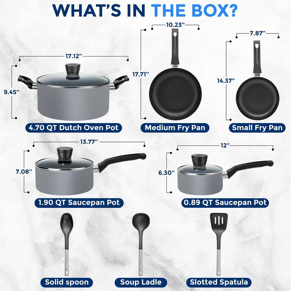 WHAT'S IN THE BOX?

- 4.70 QT Dutch Oven Pot
  - 17.12" x 17.71" x 9.45"

- Medium Fry Pan
  - 10.23" x 14.37" x 7.87"

- Small Fry Pan
  - 7.87" x 12" x 6.30"

- 1.90 QT Saucepan Pot
  - 13.77" x 7.08"

- 0.89 QT Saucepan Pot
  - 14.37" x 6.30"

- Solid spoon
- Soup Ladle
- Slotted Spatula