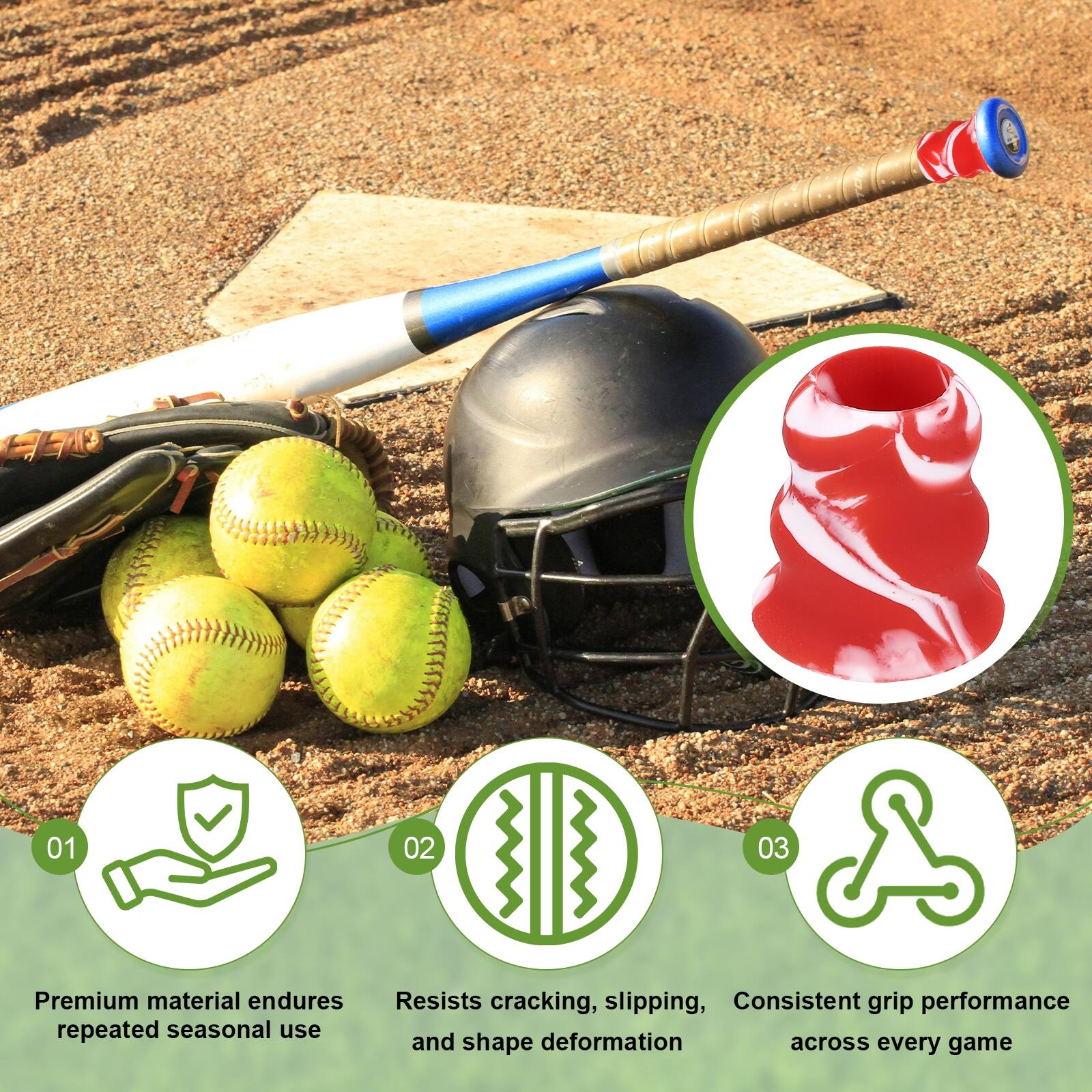 01 Premium material endures repeated seasonal use  
02 Resists cracking, slipping, and shape deformation  
03 Consistent grip performance across every game