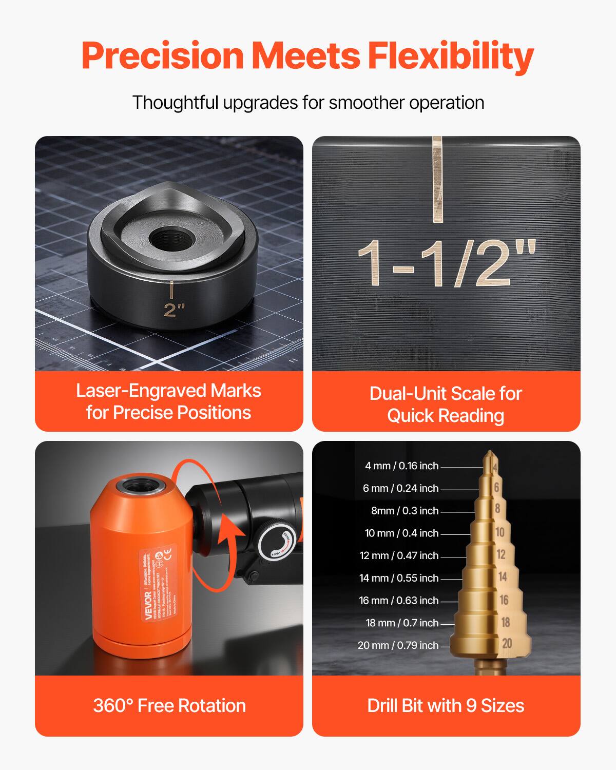 Precision Meets Flexibility  
Thoughtful upgrades for smoother operation  

- Laser-Engraved Marks for Precise Positions  
- Dual-Unit Scale for Quick Reading  
- 360° Free Rotation  
- Drill Bit with 9 Sizes  

Sizes:  
- 4 mm / 0.16 inch  
- 6 mm / 0.24 inch  
- 8 mm / 0.3 inch  
- 10 mm / 0.4 inch  
- 12 mm / 0.47 inch  
- 14 mm / 0.55 inch  
- 16 mm / 0.63 inch  
- 18 mm / 0.7 inch  
- 20 mm / 0.79 inch