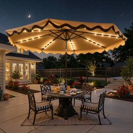 Ovios - 10FT Patio Umbrella with LED Lights, Outdoor Market Umbrella with Scalloped Edge Canopy - Khaki