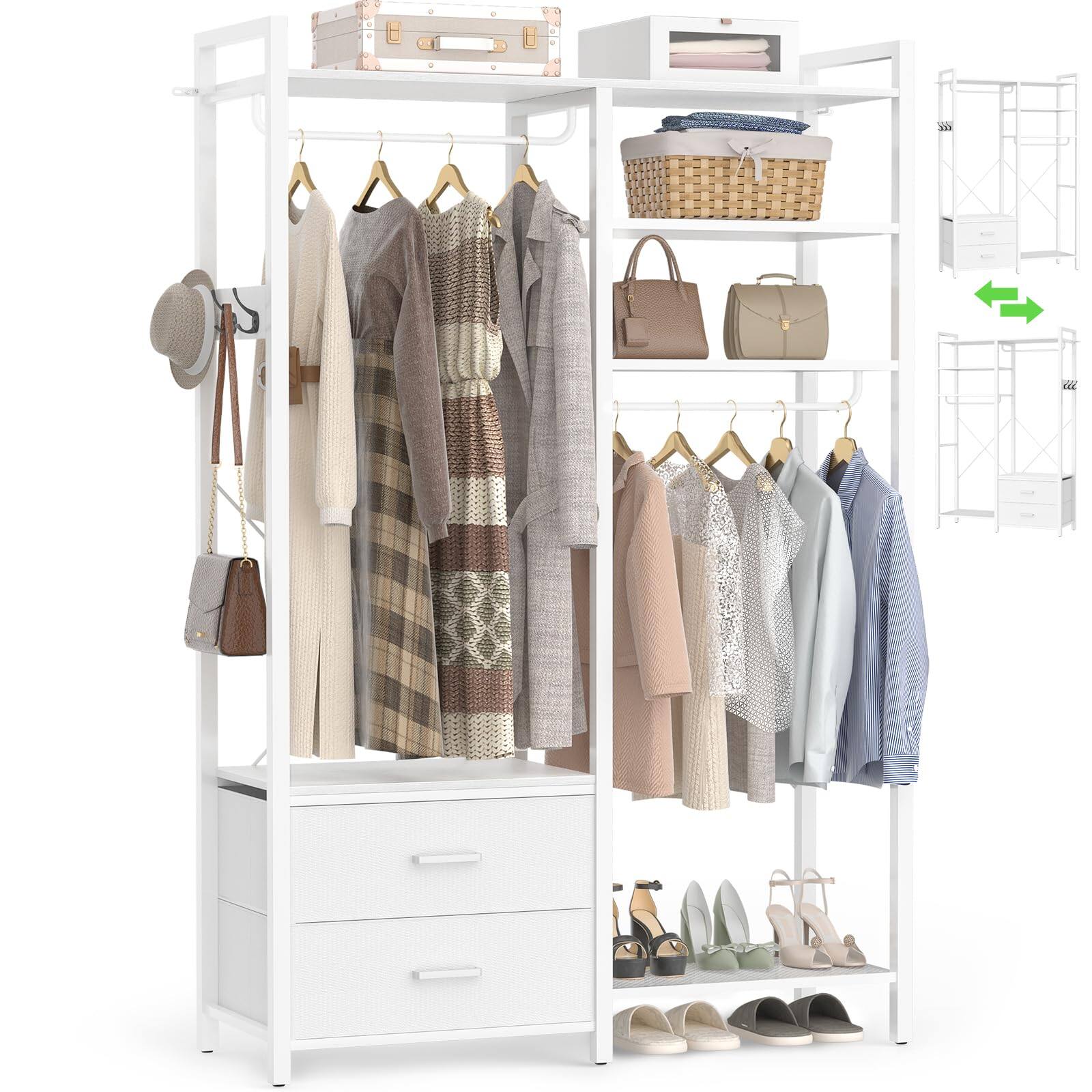 Left. Aheaplus - 6-Tier Heavy-Duty Clothes Rack / Reversible Shelves & 2 Drawers - Space-Saving Freestanding Closet Organizer - White.