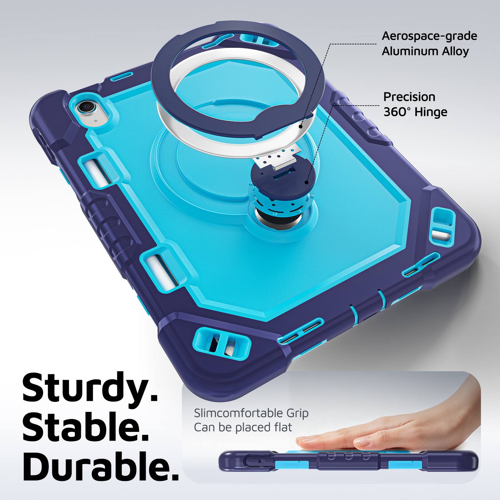 Aerospace-grade Aluminum Alloy Precision 360° Hinge. Sturdy. Slimcomfortable Grip. Stable. Can be placed flat. Durable.