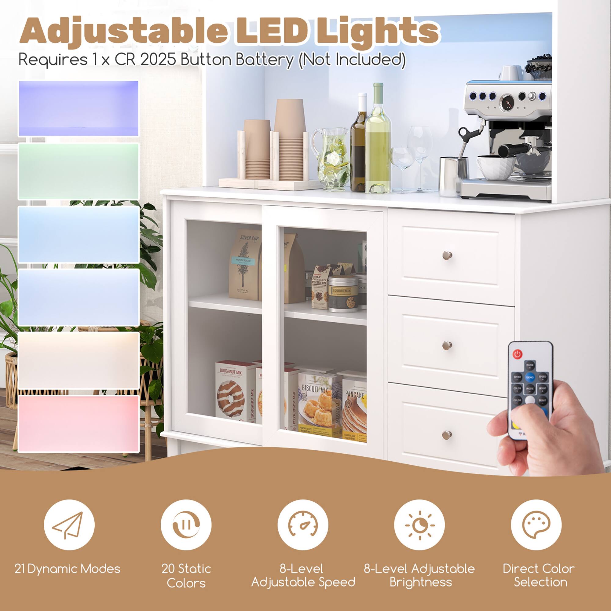 Adjustable LED Lights  
Requires 1 x CR 2025 Button Battery (Not Included)  

21 Dynamic Modes  
20 Static Colors  
8-Level Adjustable Speed  
8-Level Adjustable Brightness  
Direct Color Selection