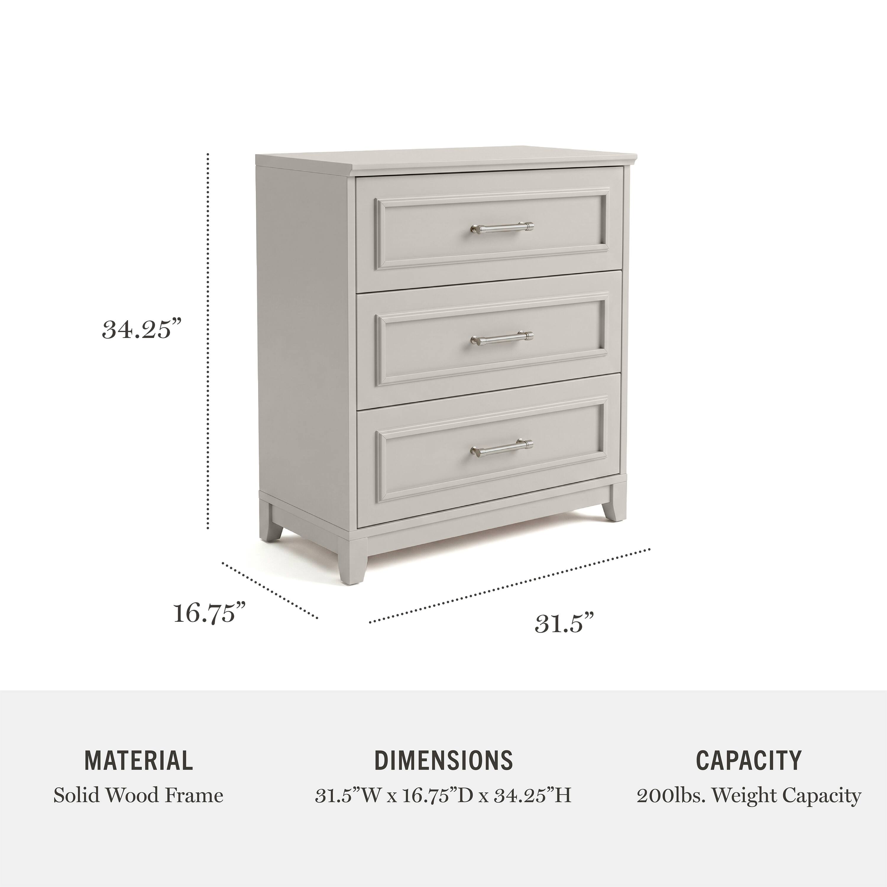 34.25" 16.75" 31.5"  
MATERIAL: Solid Wood Frame  
DIMENSIONS: 31.5"W x 16.75"D x 34.25"H  
CAPACITY: 200lbs. Weight Capacity