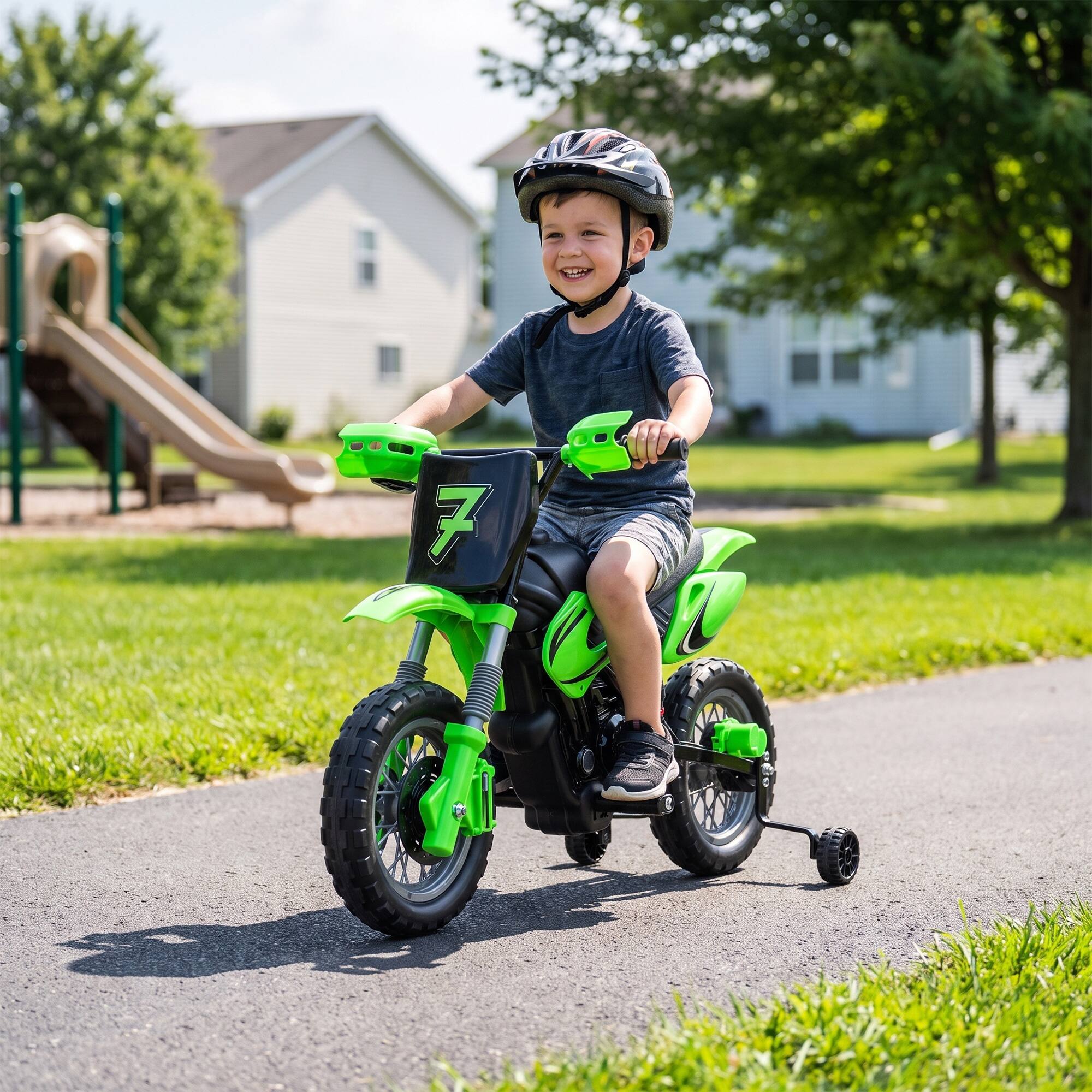 Alt View 8. Qaba - Kids Motorcycle, 2 x 35W Electric Dirt Bike with Training Wheels, Rear Suspension - Green.