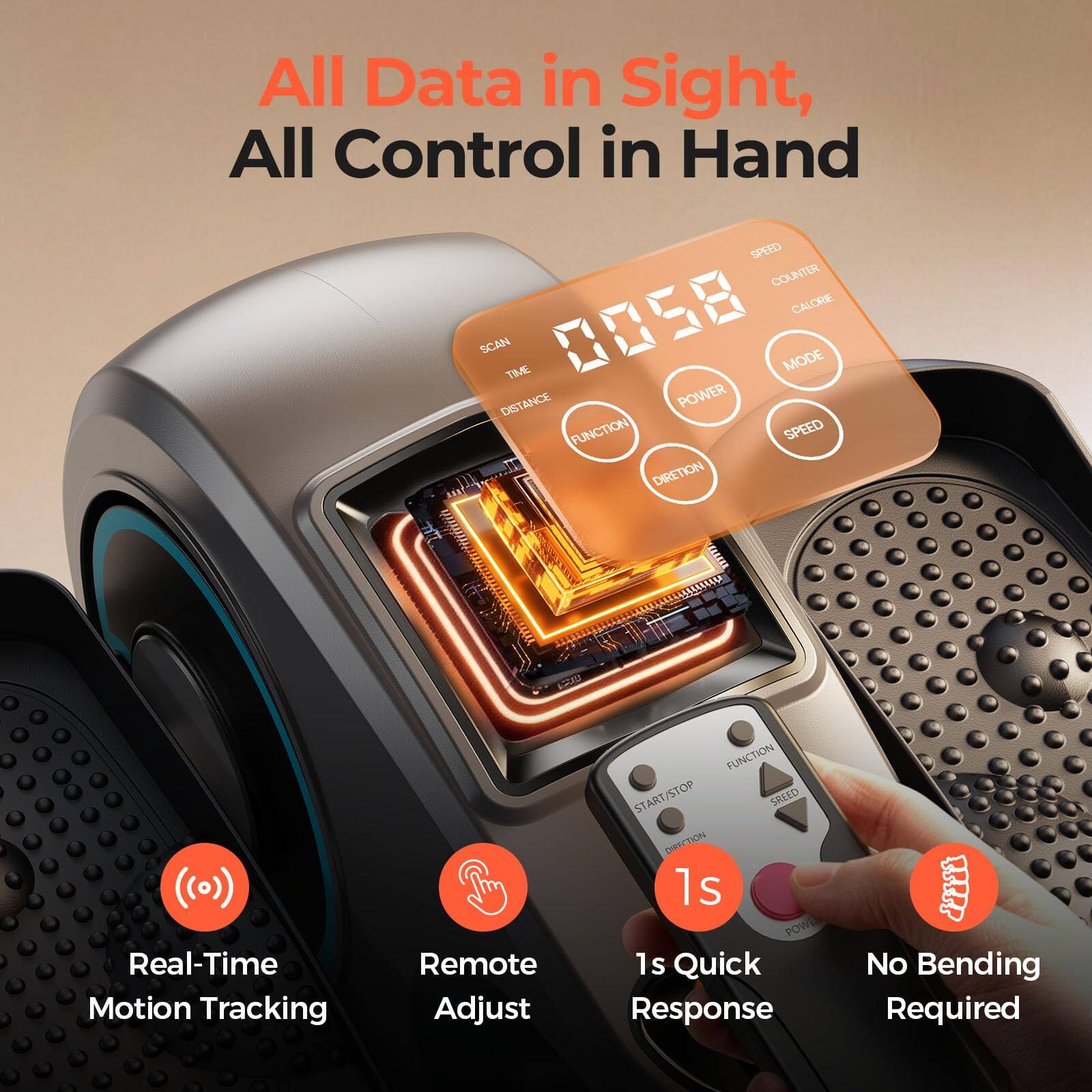 All Data in Sight, All Control in Hand

SPEED COUNTER CALORIE SCAN TIME 0058 POWER MODE DISTANCE FUNCTION SPEED DIRECTION

Real-Time Motion Tracking
Remote Adjust
FUNCTION START/STOP SPEED DIRECTION 1s POWER 1s Quick Response
No Bending Required
