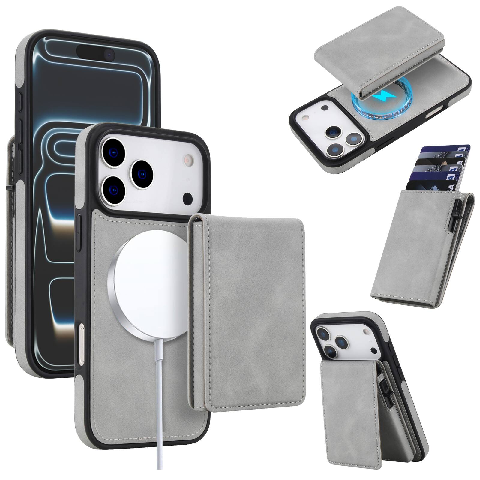 Alt View 5. Dteck - 2-in-1 Magnetic Wallet Case for Apple iPhone 17 Pro Max, Detachable Folio Cover with RFID Blocking & Dual Kickstand - Gray.