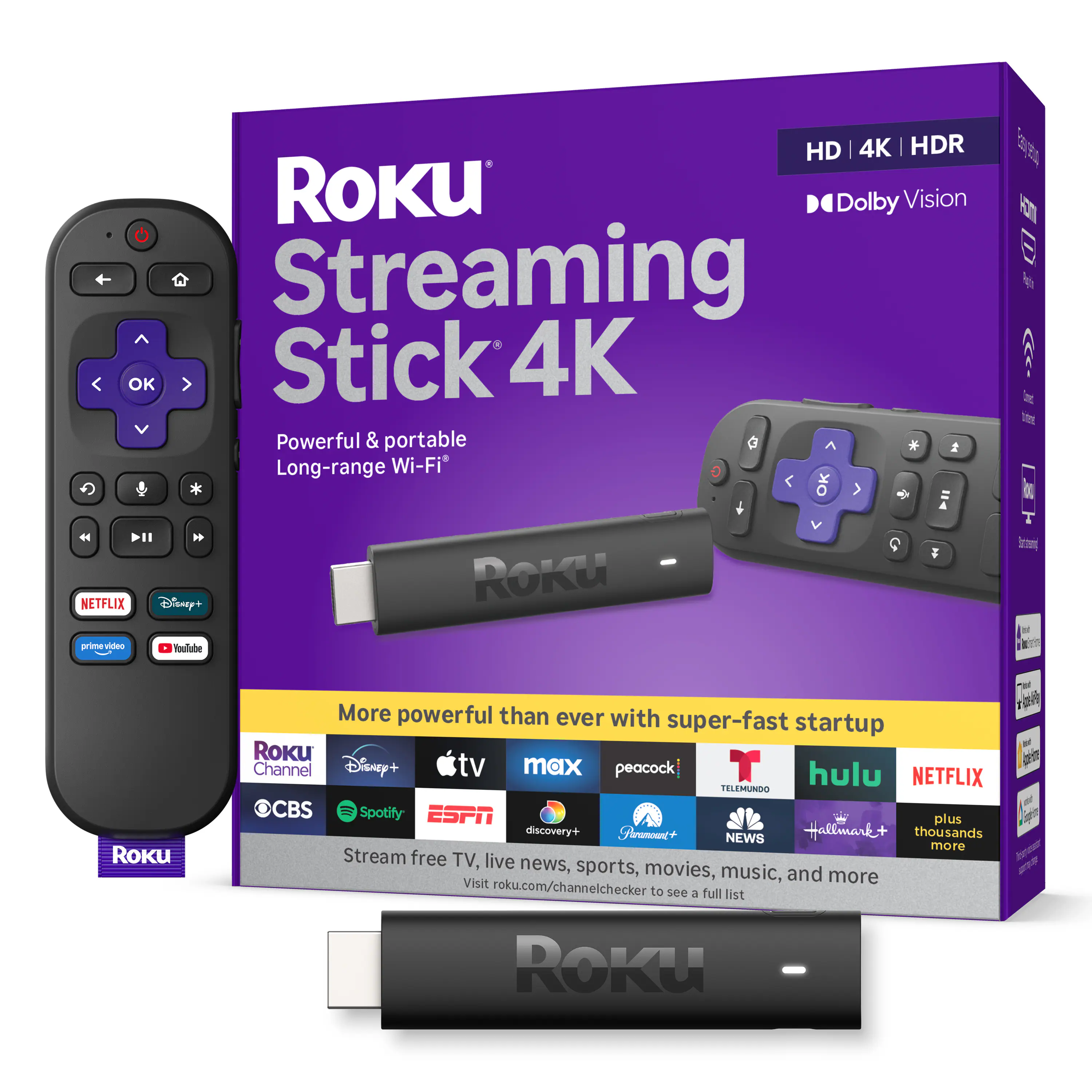 Roku - Streaming Stick 4K - HDR & Dolby Vision Streaming Device for TV with Voice Remote & Long-Range Wi-Fi - Black