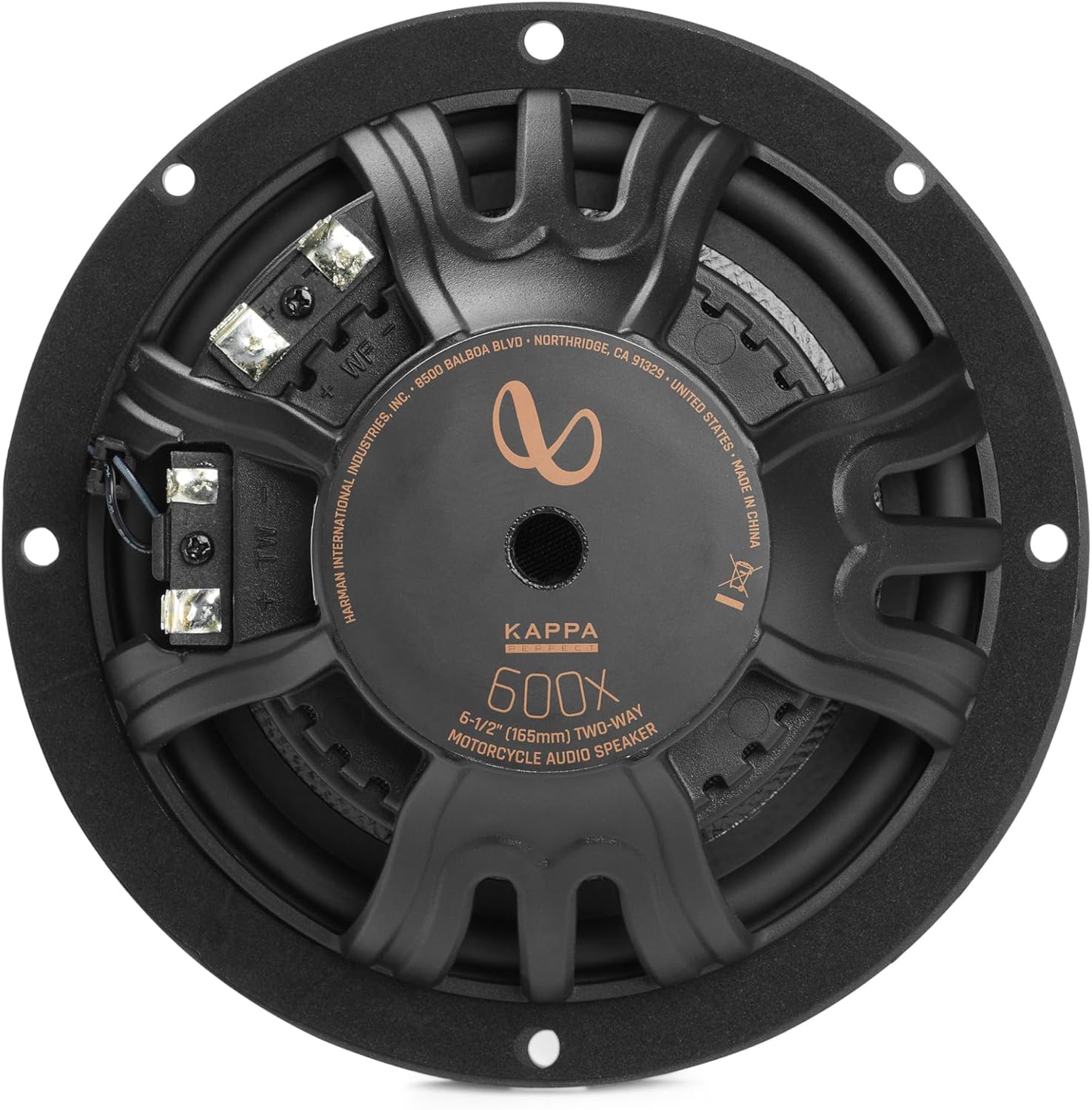 KAPPA  
600X  
6-1/2" (165mm) TWO-WAY MOTORCYCLE AUDIO SPEAKER  

HARMAN INTERNATIONAL INDUSTRIES, INC.  
8500 BALBOA BLVD, NORTH RIDGE, CA 91329, UNITED STATES  
MADE IN CHINA  

HARMAN KAPPA