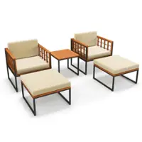 Costway 5 PCS Acacia Wood Patio Furniture Set with Ottomans Soft Cushions & Coffee Table - Beige + Natural + Black - Front_Zoom