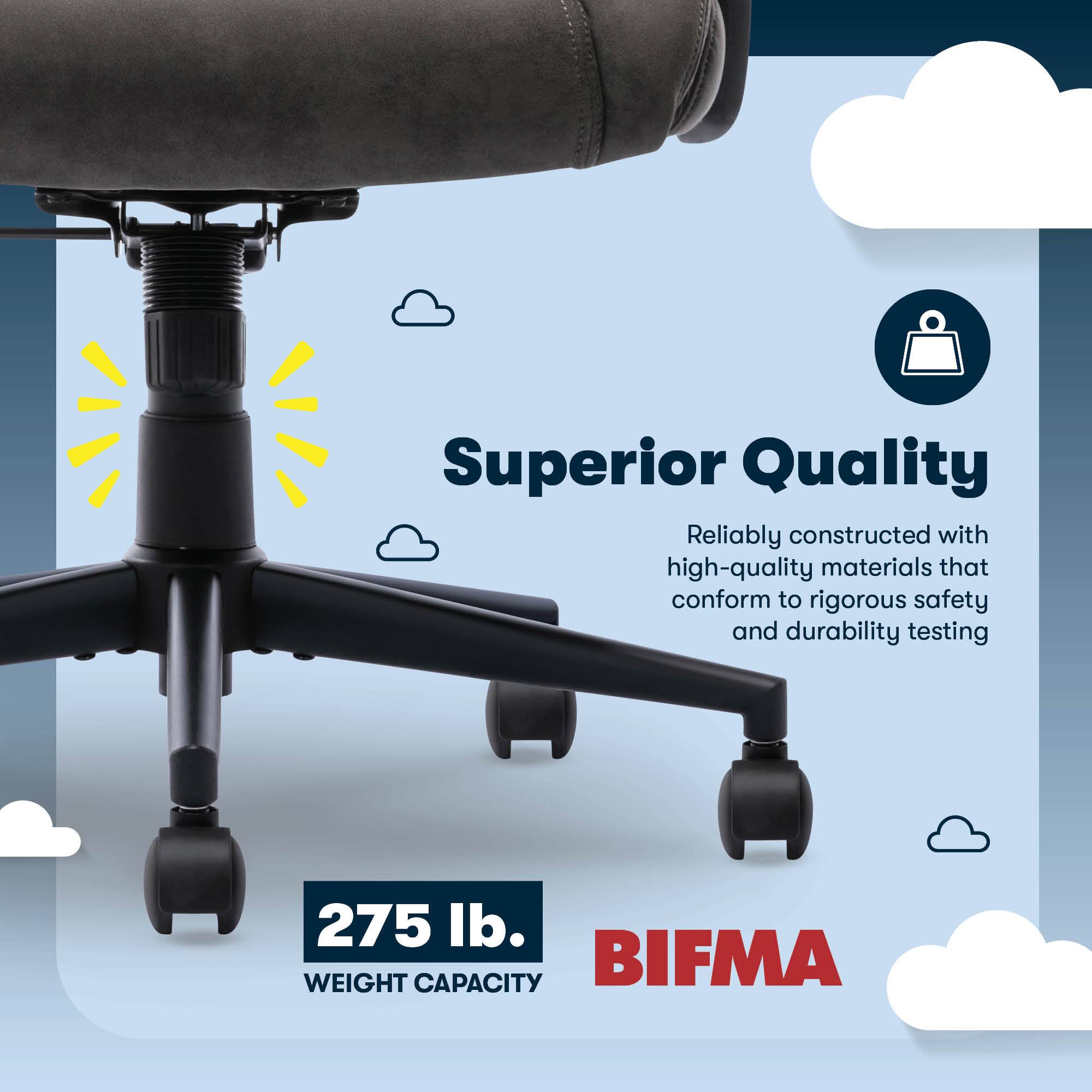 The text on the image reads: "Superior Quality. Reliably constructed with high-quality materials that conform to rigorous safety and durability testing. 275 lb. Weight Capacity. BIFMA."