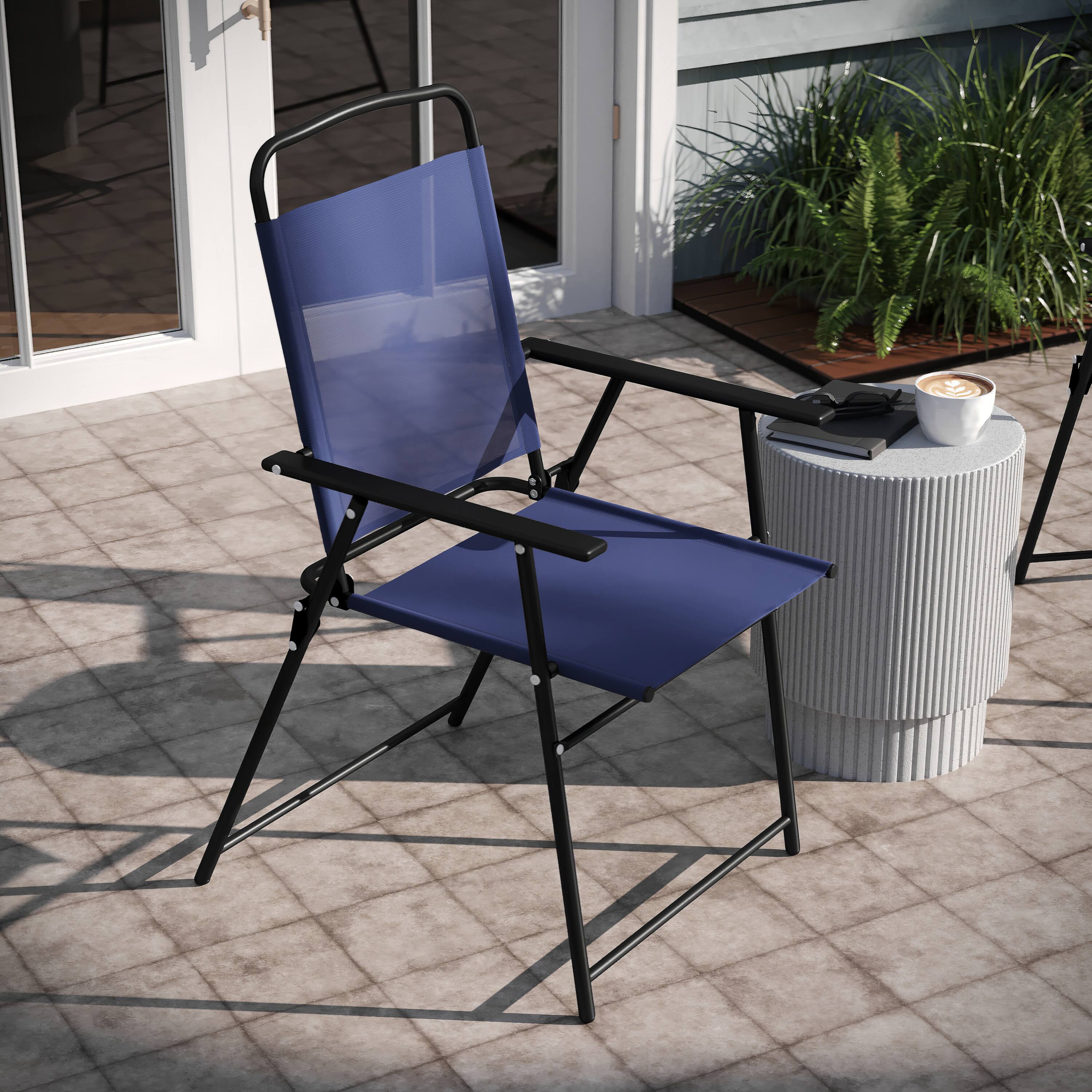 Alt View 4. Emma + Oliver - Munroe Set of 4 Textilene Folding Sling Style Patio Chairs with Armrests - Navy.