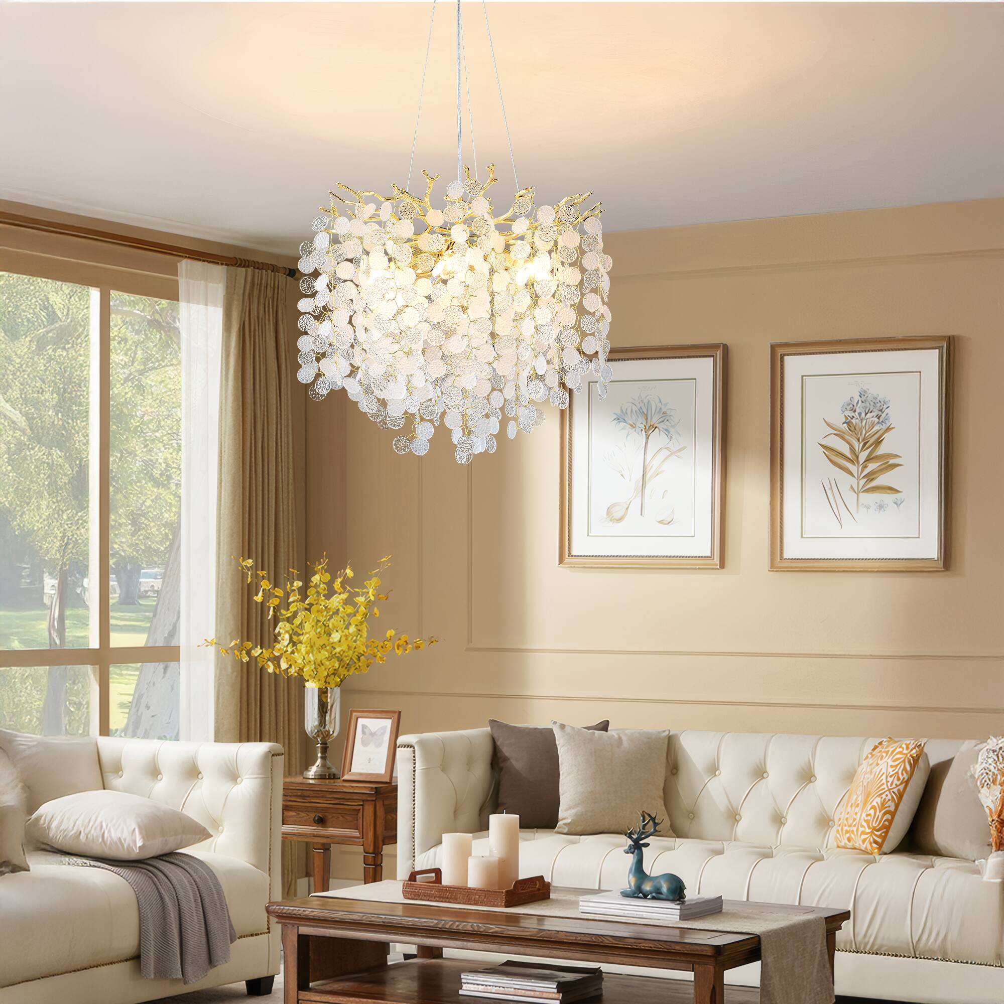 Back. RYHNUYNE - Modern Gold Tree Branch Chandelier with Snowflake Accents - 6-Light Adjustable Linear Pendant Light for Dining Room and.