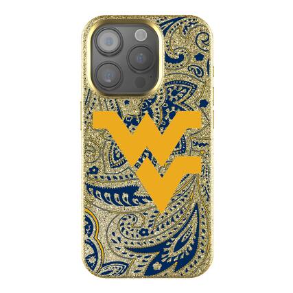Front. Keyscaper - West Virginia Mountaineers Paisley Bling iPhone Case - 15 Pro - Gold.