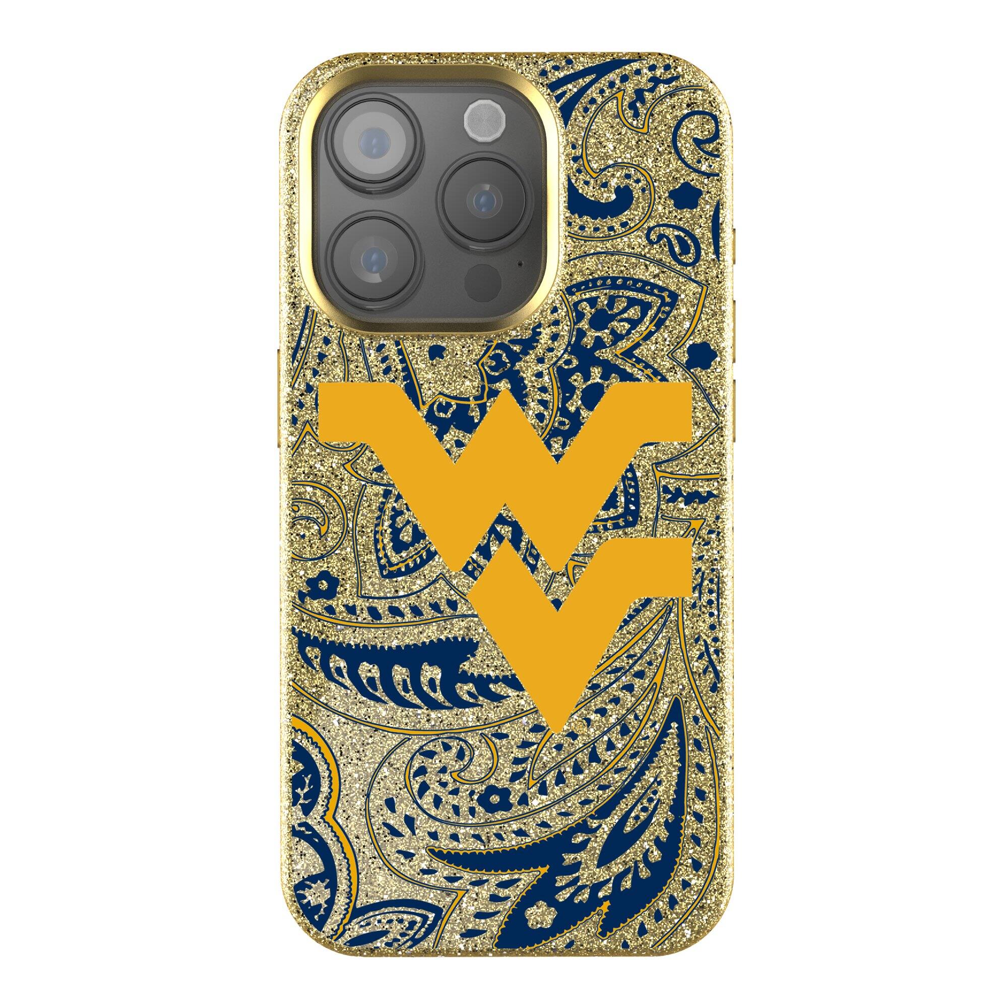 Front. Keyscaper - West Virginia Mountaineers Paisley Bling iPhone Case - 15 Pro - Gold.