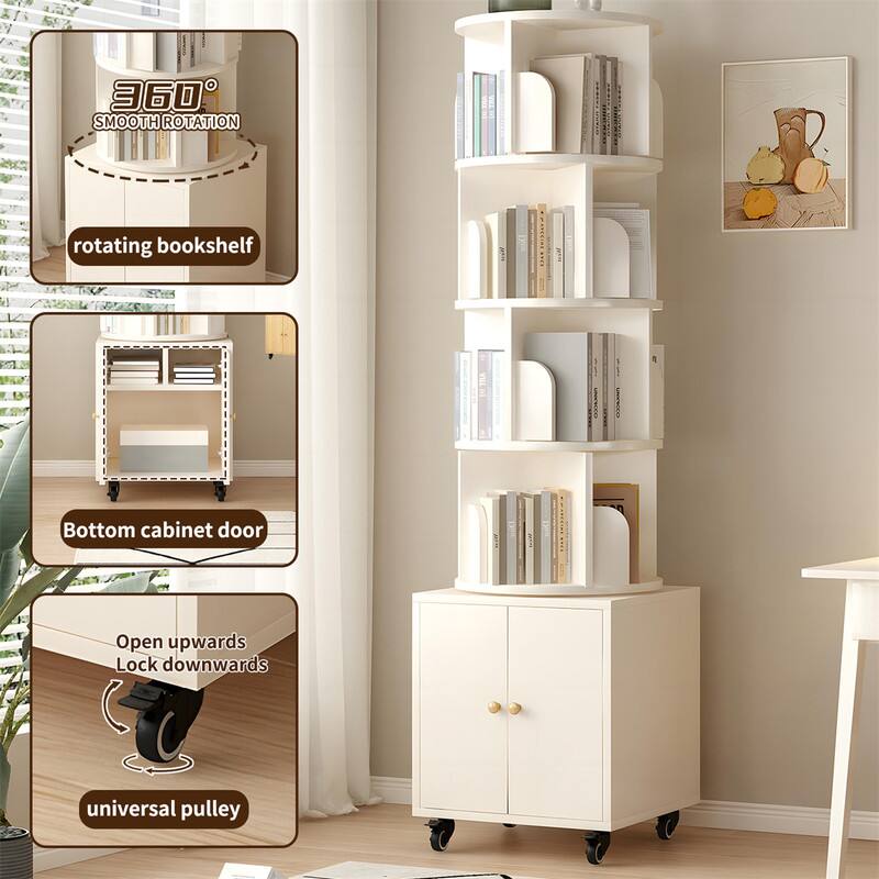 360° Smooth Rotation  
rotating bookshelf  

Bottom cabinet door  

Open upwards  
Lock downwards  

universal pulley