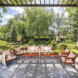 Costway - 8PCS Patio Rattan Furniture Set Acacia Wood Frame Cushioned Sofa Chair Garden - Brown