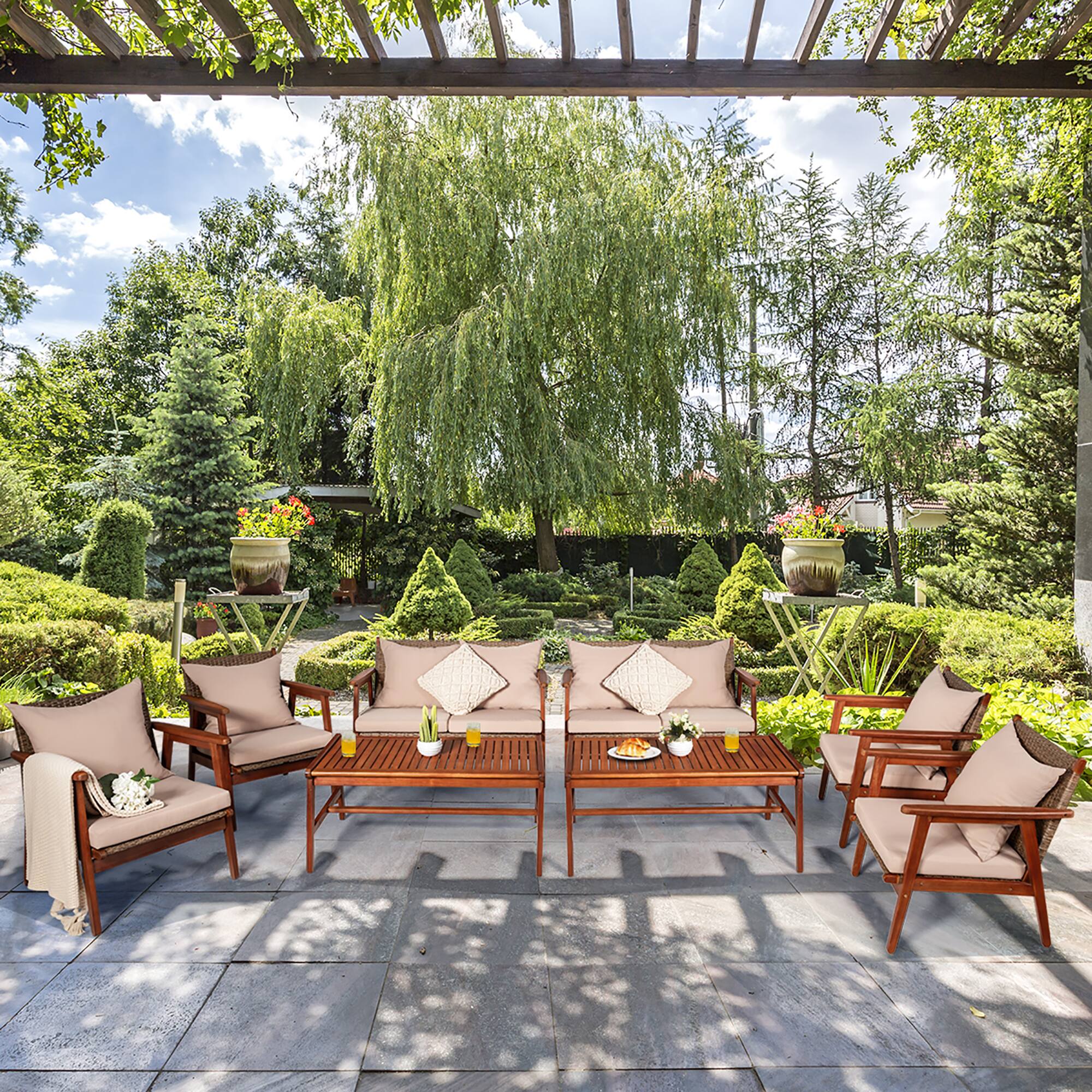 Alt View 1. Costway - Costway 8PCS Patio Rattan Furniture Set Acacia Wood Frame Cushioned Sofa Chair Garden - Brown.