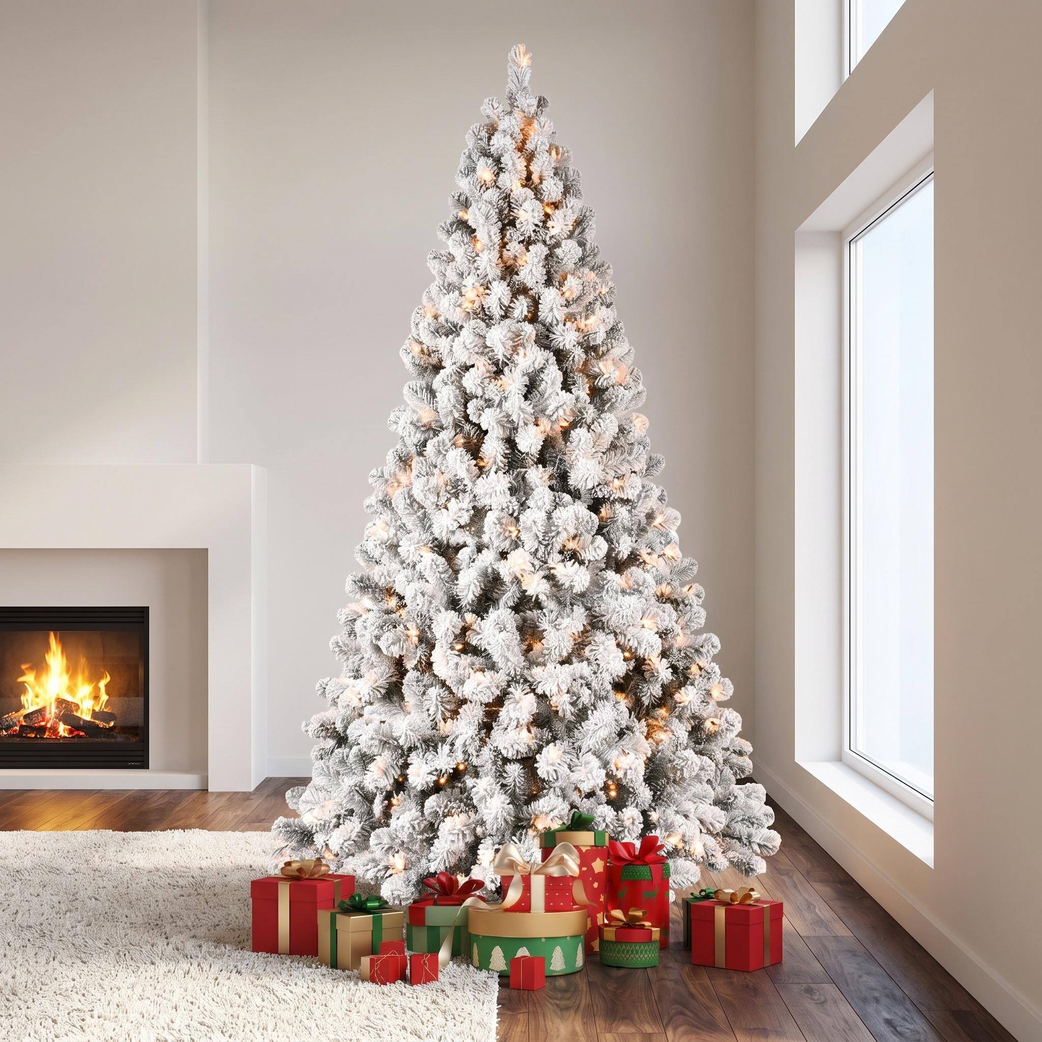 Alt View 10. Forest'nSky - 9 ft. Flocked Pre-Lit Christmas Tree with 650 UL Warm White Lights, 1930 PVC Tips and Metal Stand - Green, White.