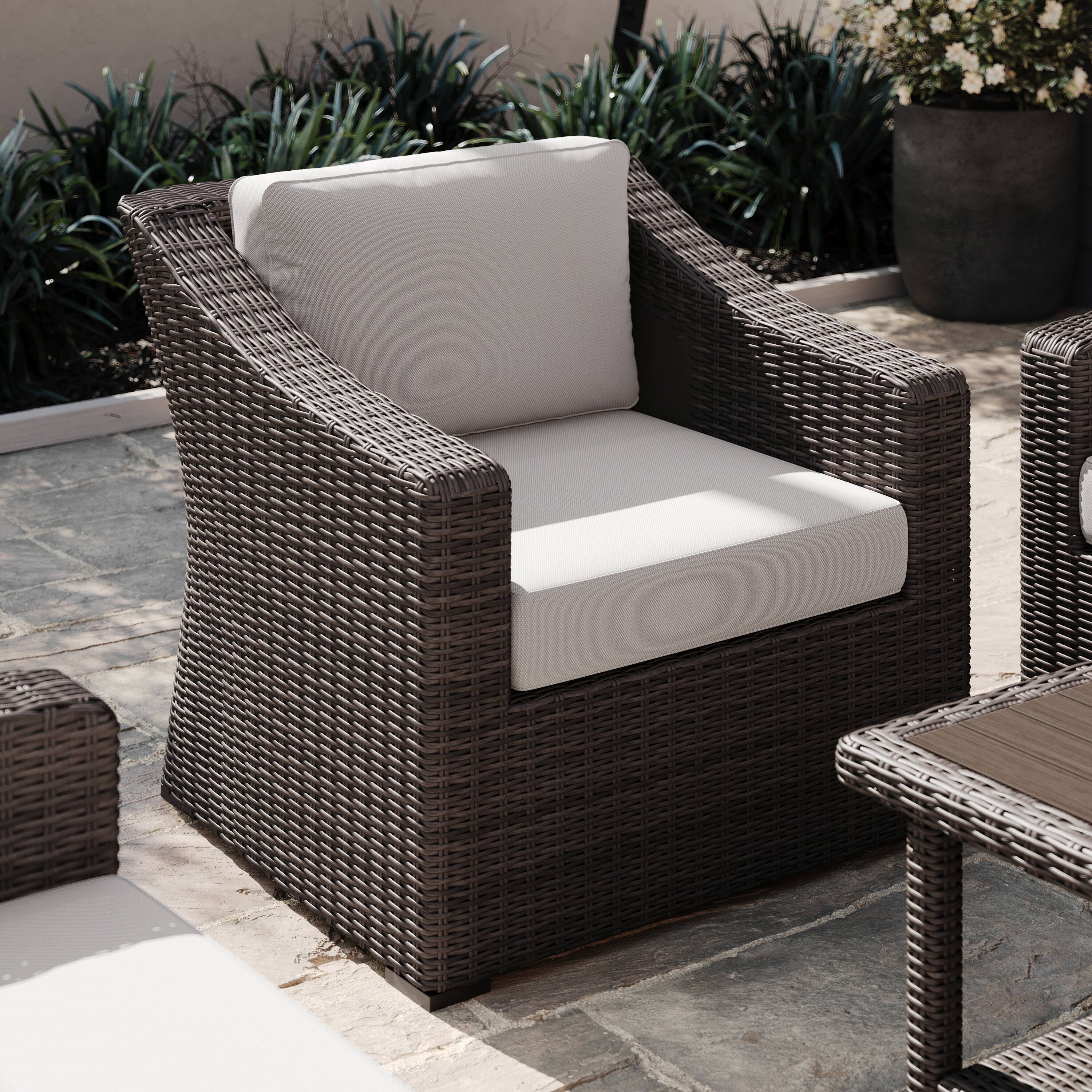 Alt View 4. Martha Stewart - Bedford Outdoor Rattan Wicker Accent Chair with All-Weather Cushions - Tan Cushions/Brown Frame.